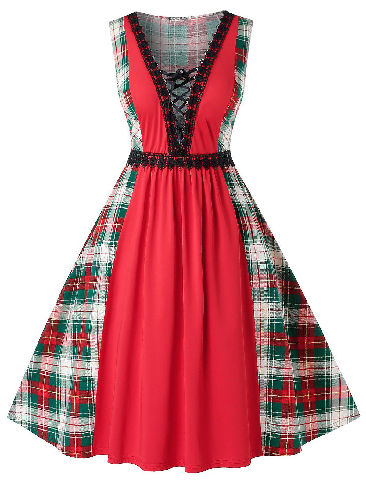 Plus Size Vintage Low Cut Lace Up Plaid Pin Up Dress