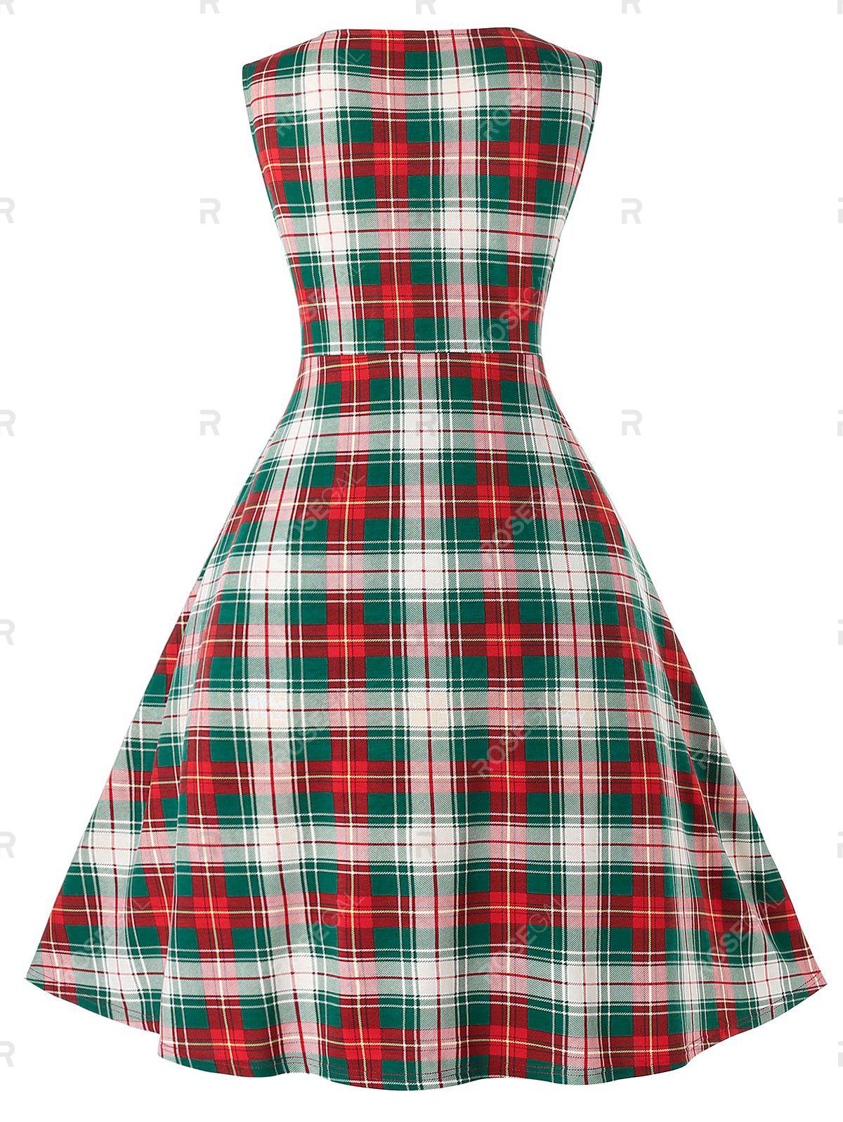 Plus Size Vintage Low Cut Lace Up Plaid Pin Up Dress