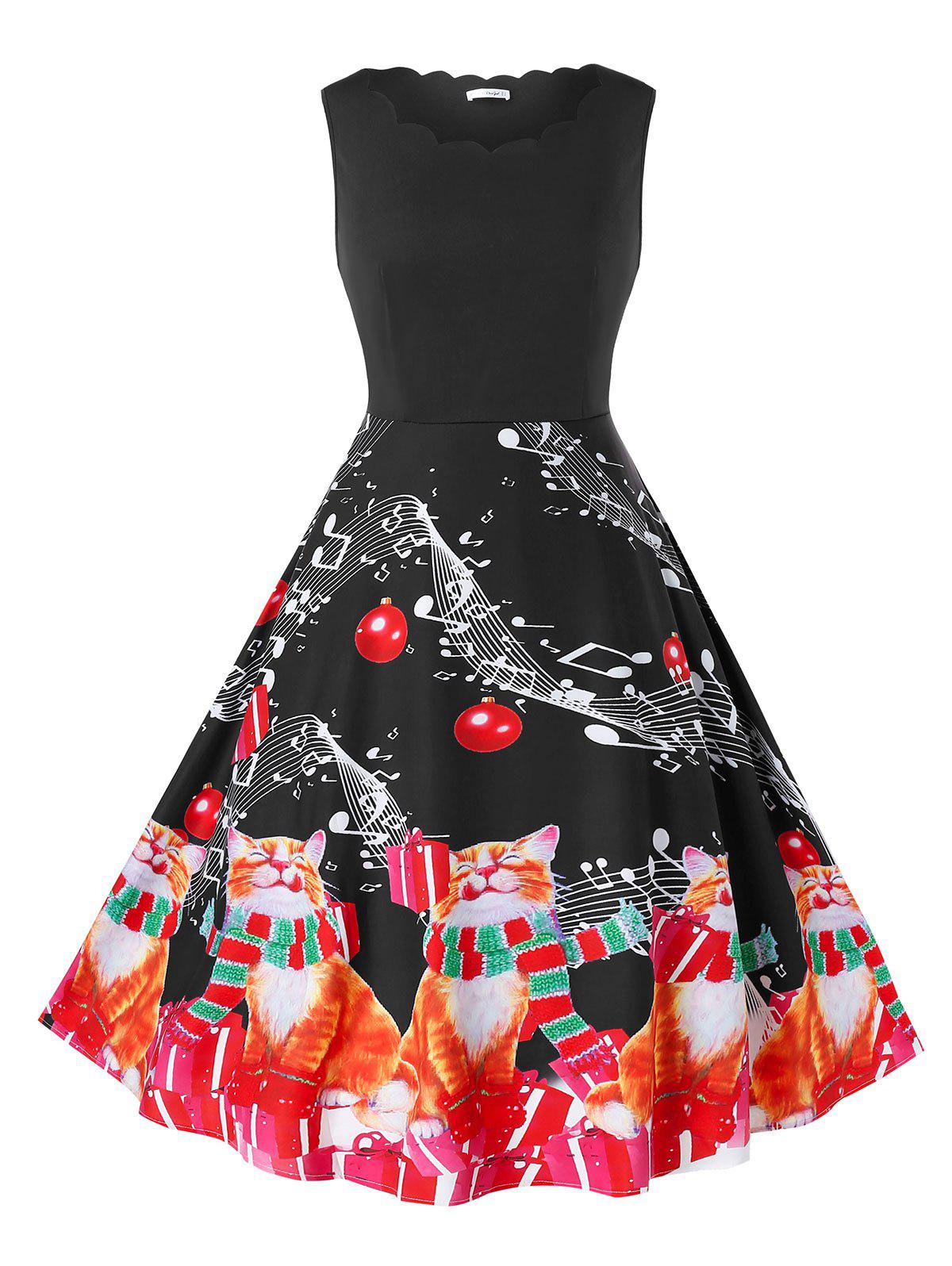 Plus Size Christmas Vintage Cat Print Swing Dress