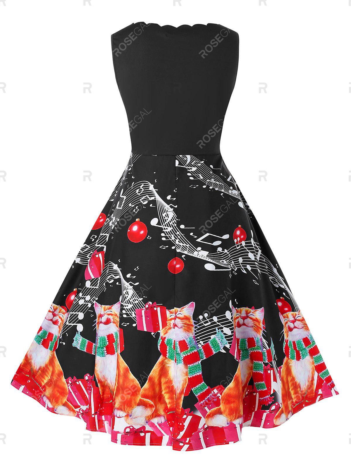 Plus Size Christmas Vintage Cat Print Swing Dress