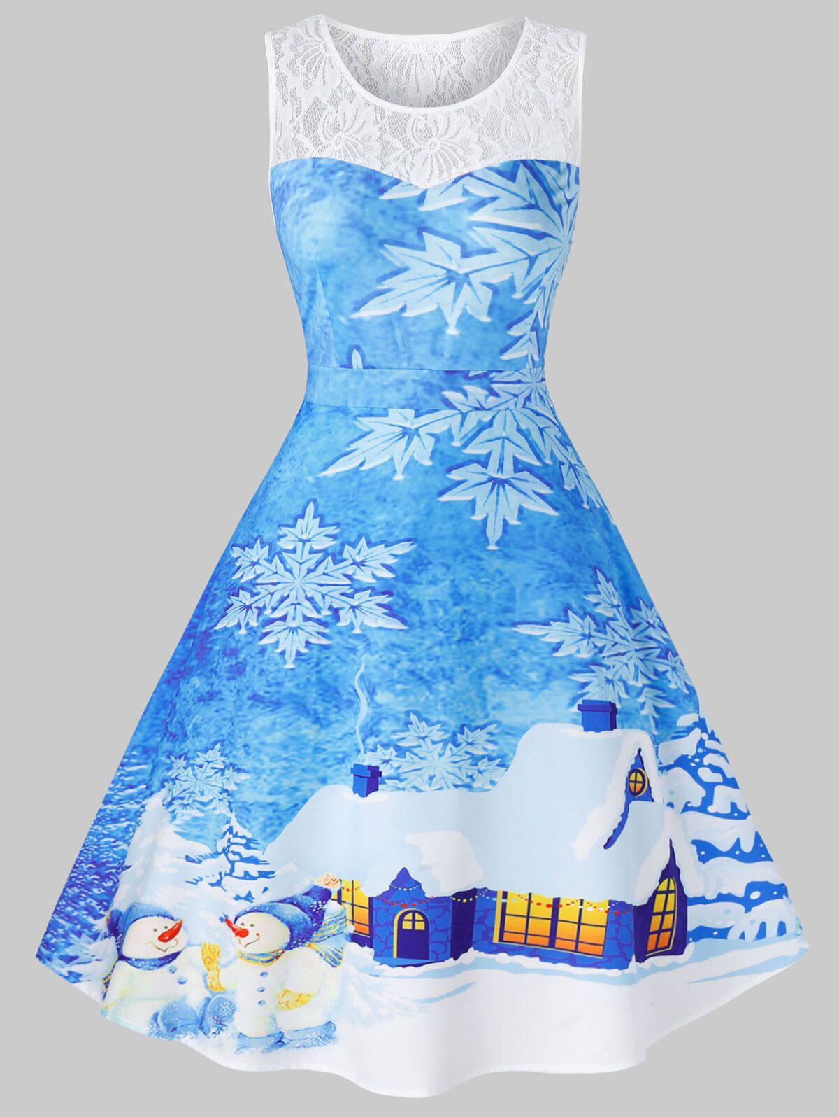 Plus Size Christmas Snowflake House Print Vintage Swing Dress