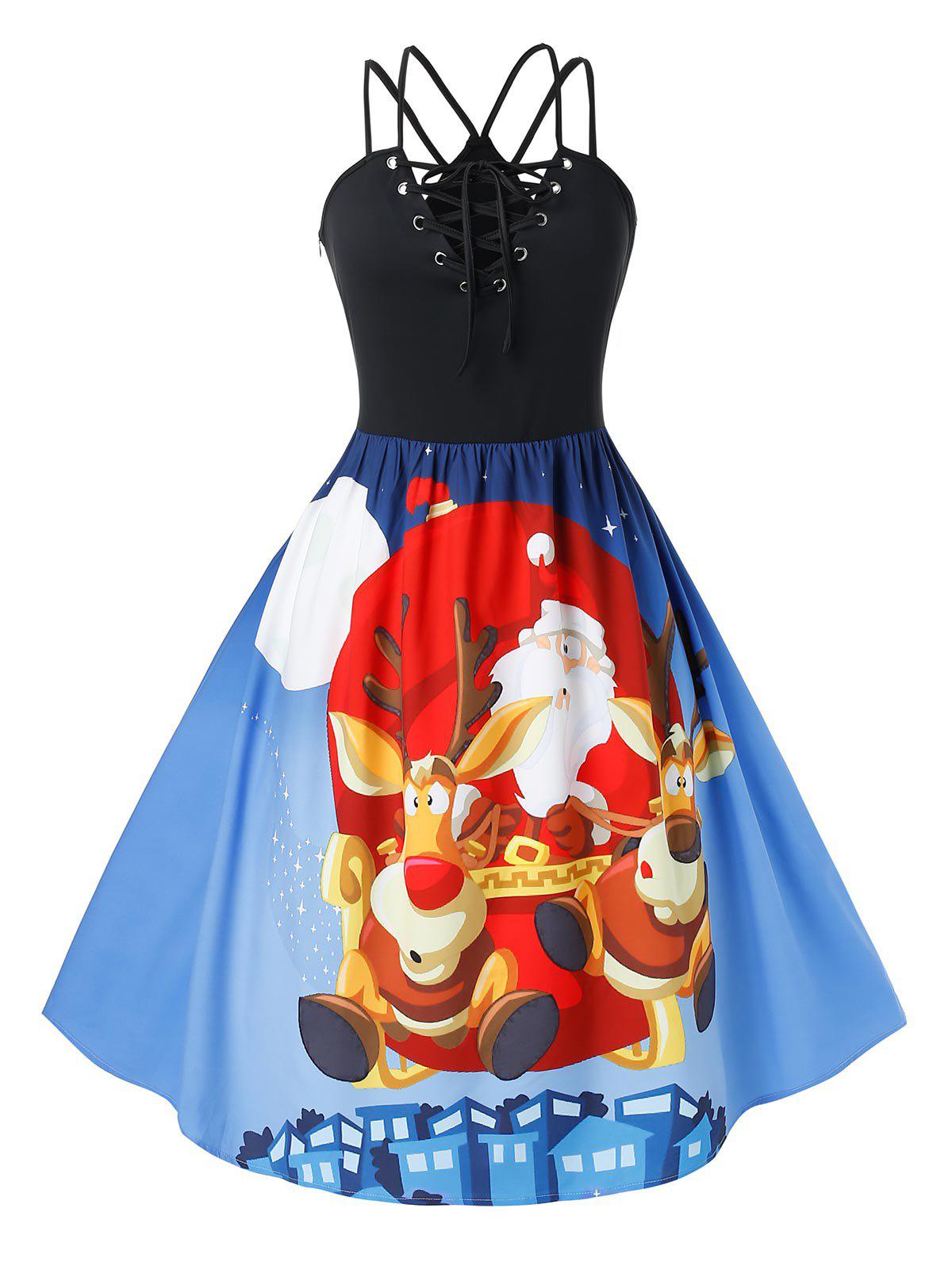 Plus Size Christmas Lace Up Printed Pin Up Dress