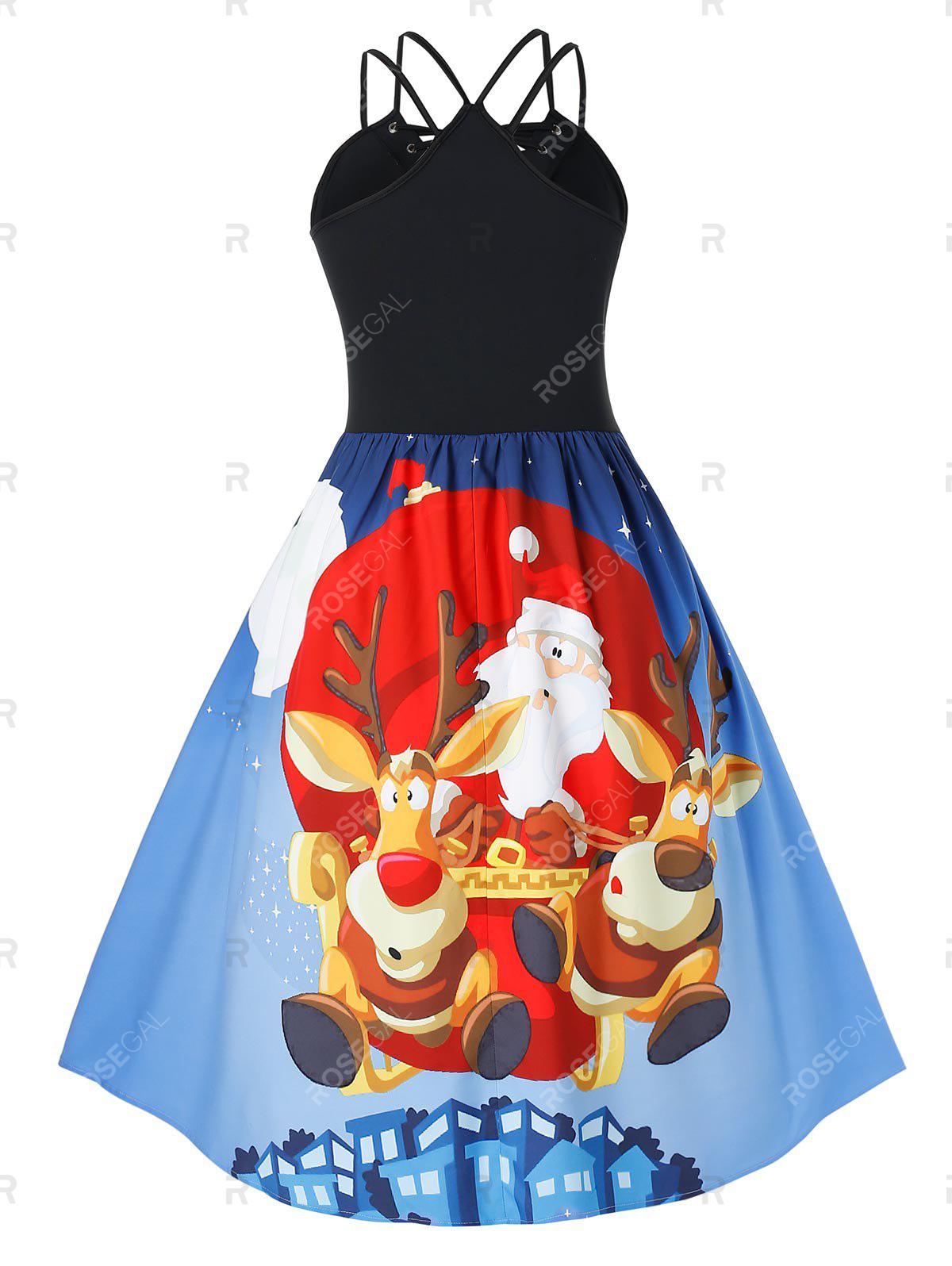 Plus Size Christmas Lace Up Printed Pin Up Dress