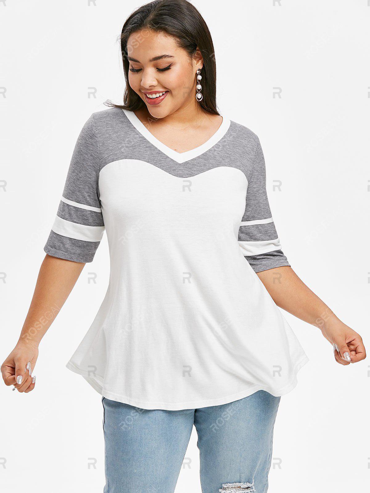 Curved Hem Stripes Panel Colorblock Plus Size Top