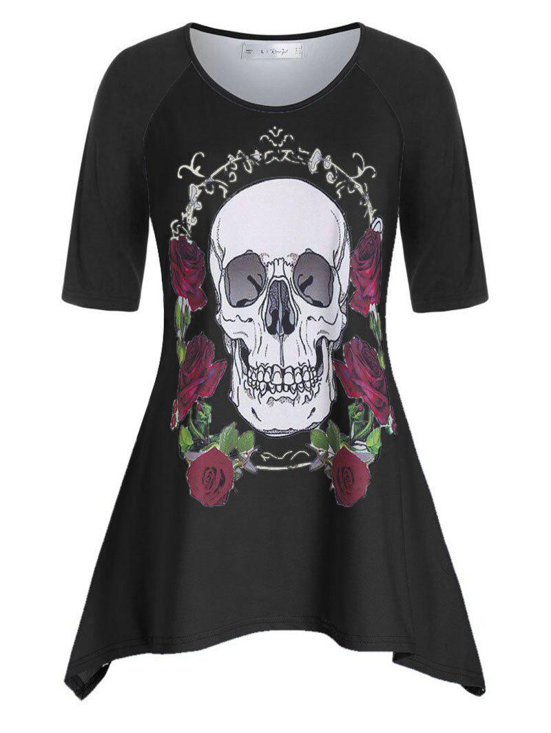 Plus Size Raglan Sleeve Rose Skull Asymmetric T Shirt