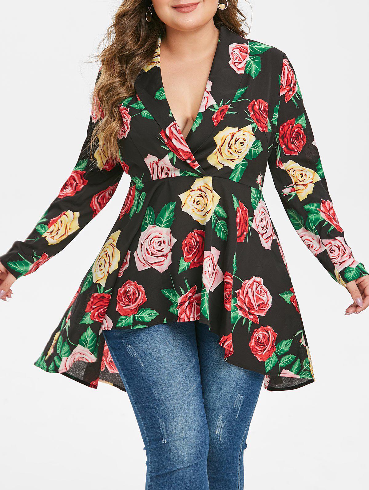 Plus Size Plunging Neck High Low Floral Blouse