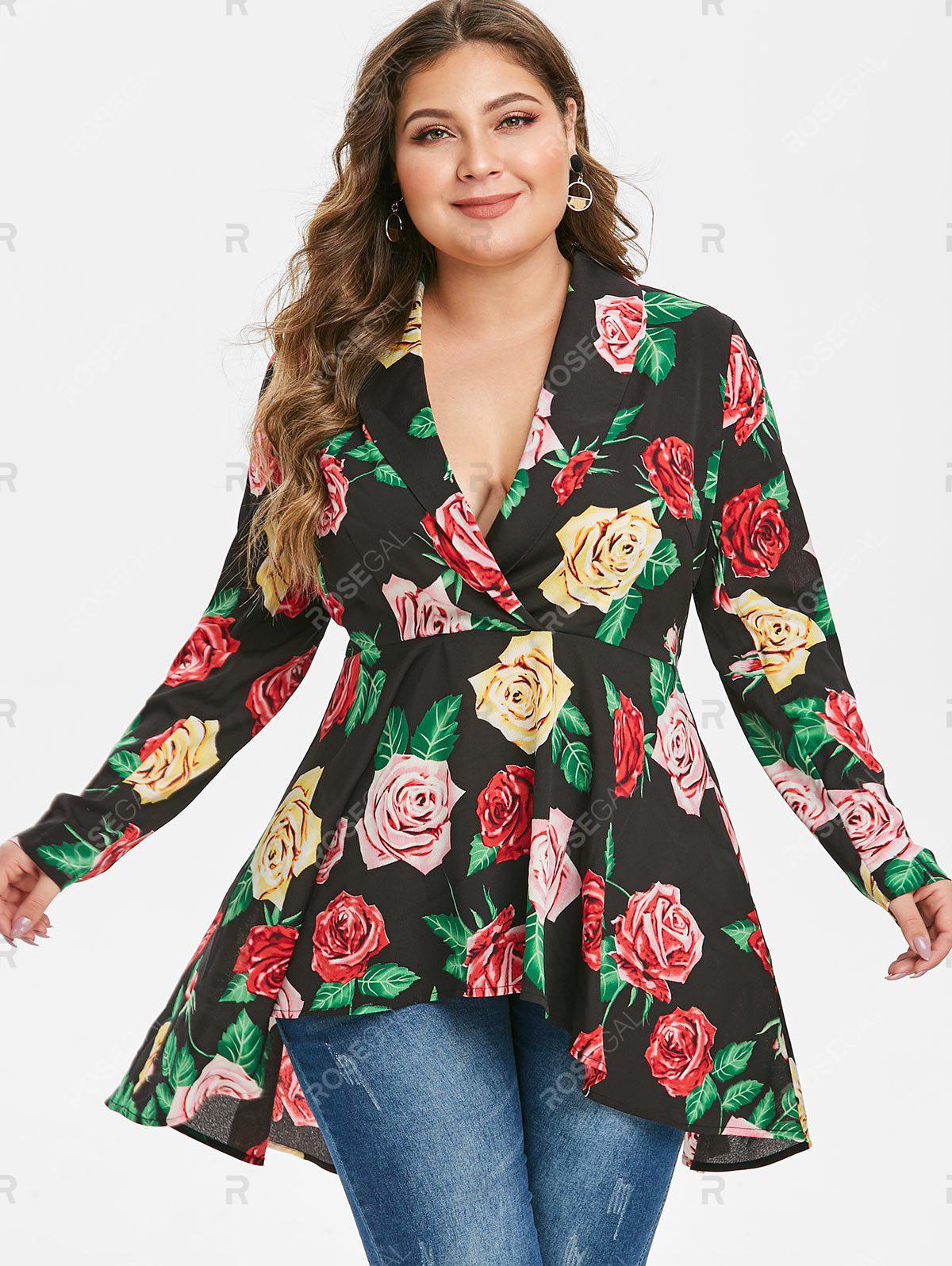 Plus Size Plunging Neck High Low Floral Blouse