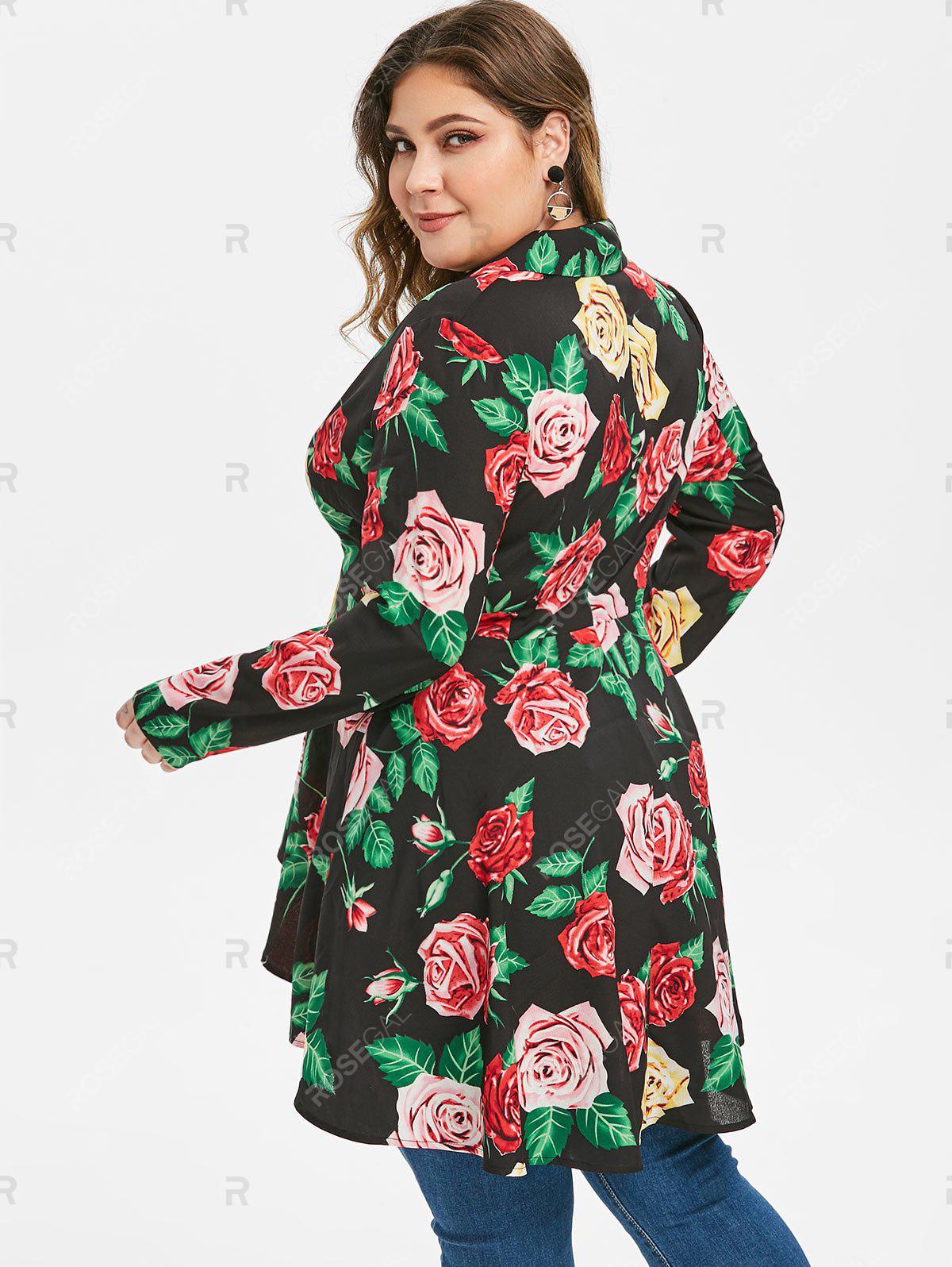 Plus Size Plunging Neck High Low Floral Blouse