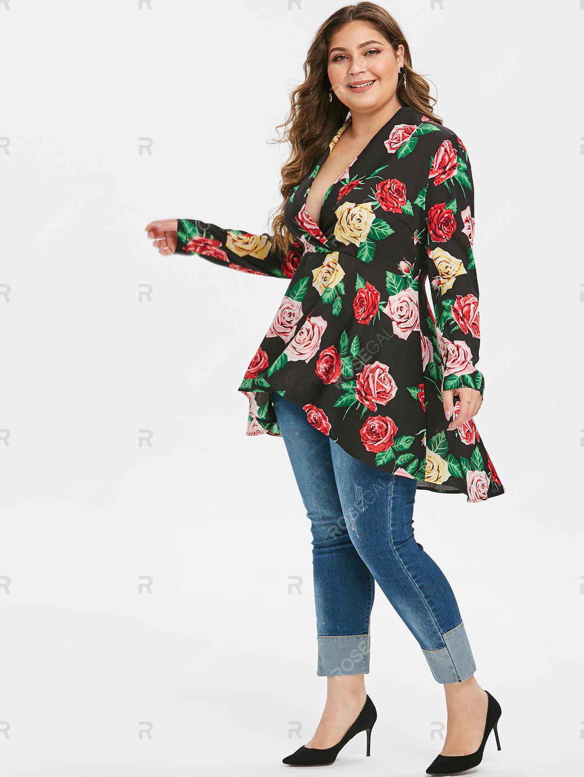 Plus Size Plunging Neck High Low Floral Blouse