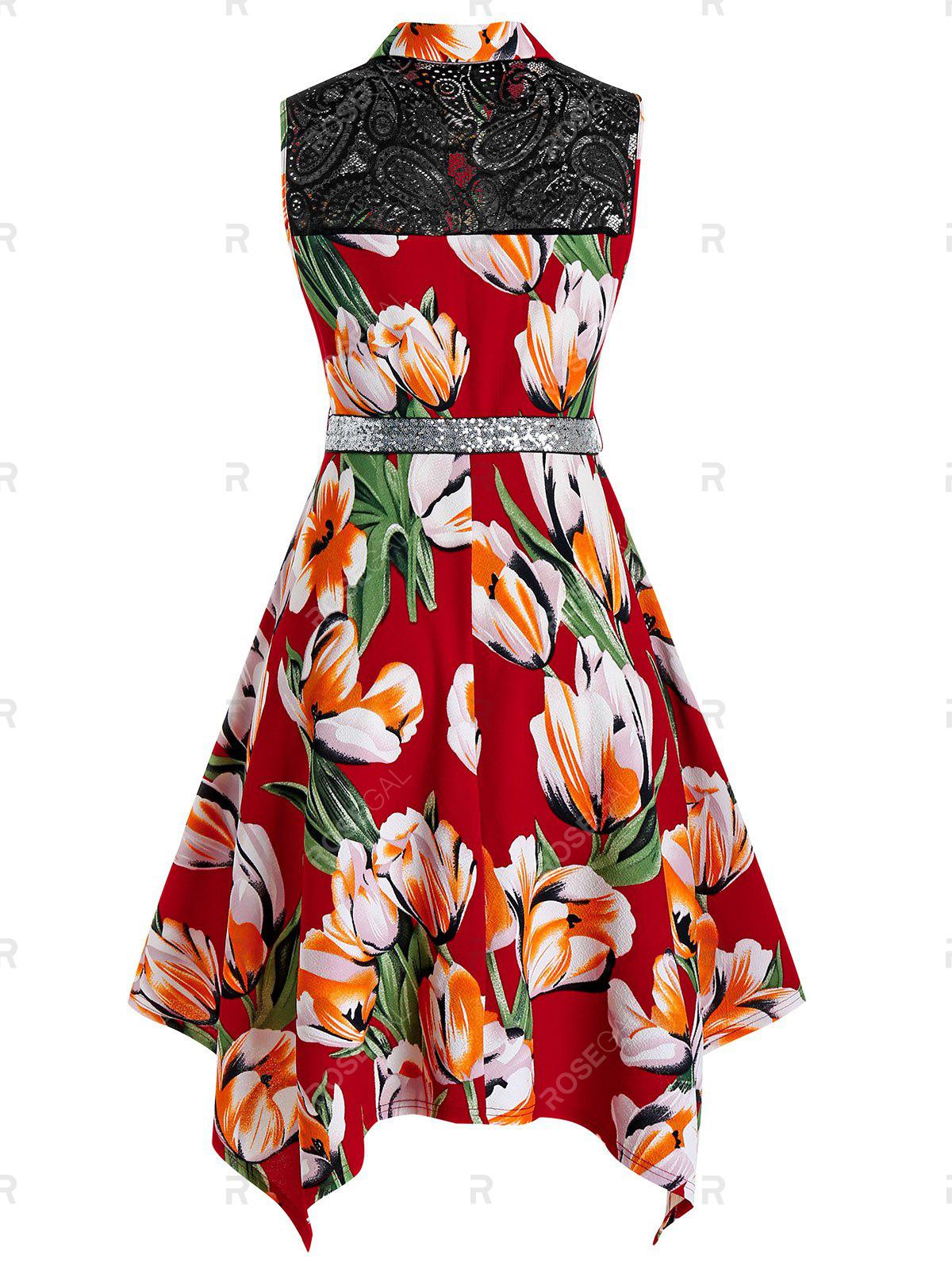 Plus Size Tulip Print Handkerchief Midi Dress