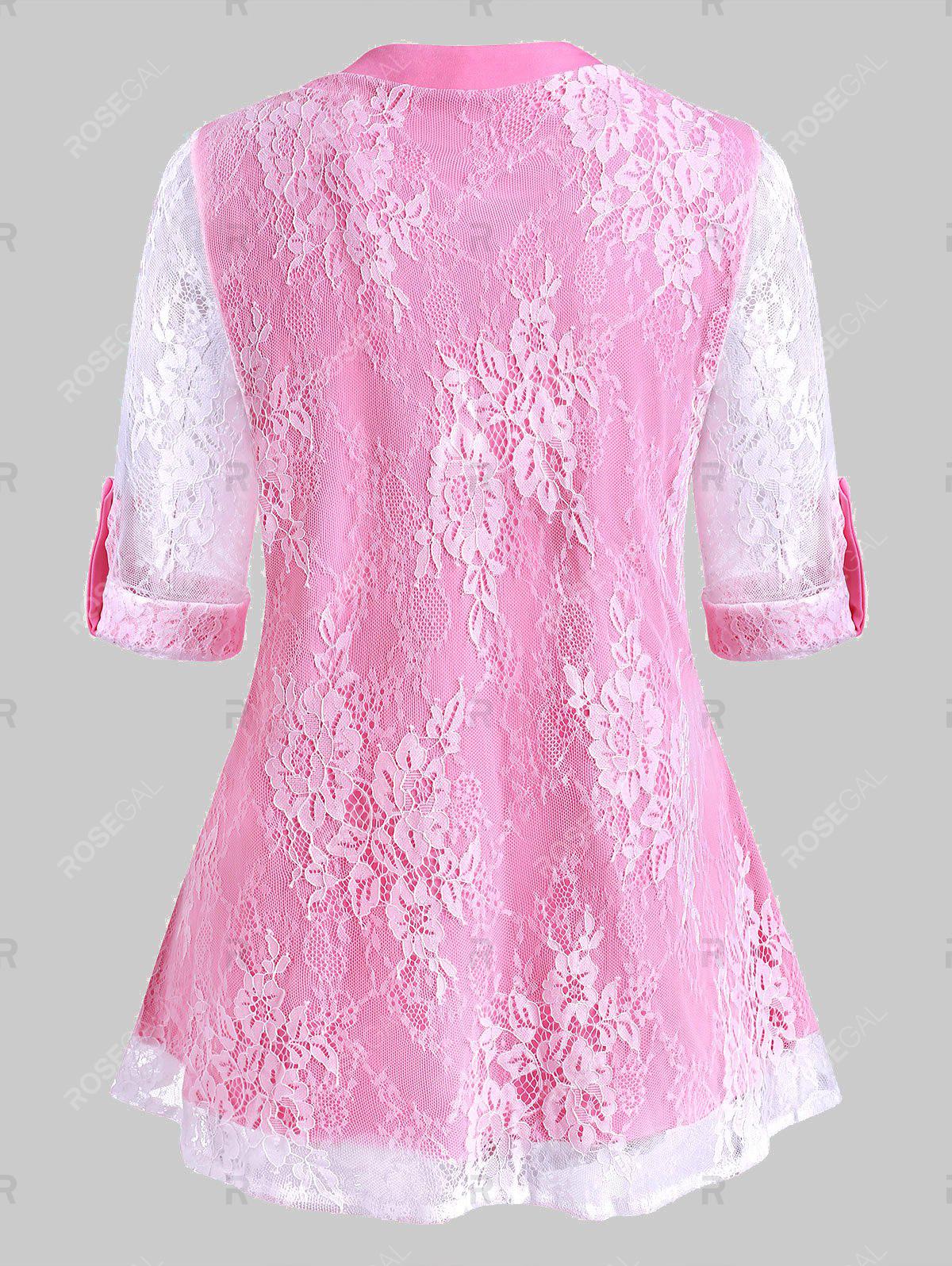 Plus Size Roll Up Sleeve Lace Overlay Blouse