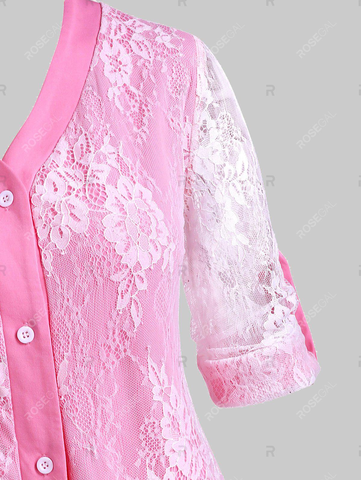 Plus Size Roll Up Sleeve Lace Overlay Blouse