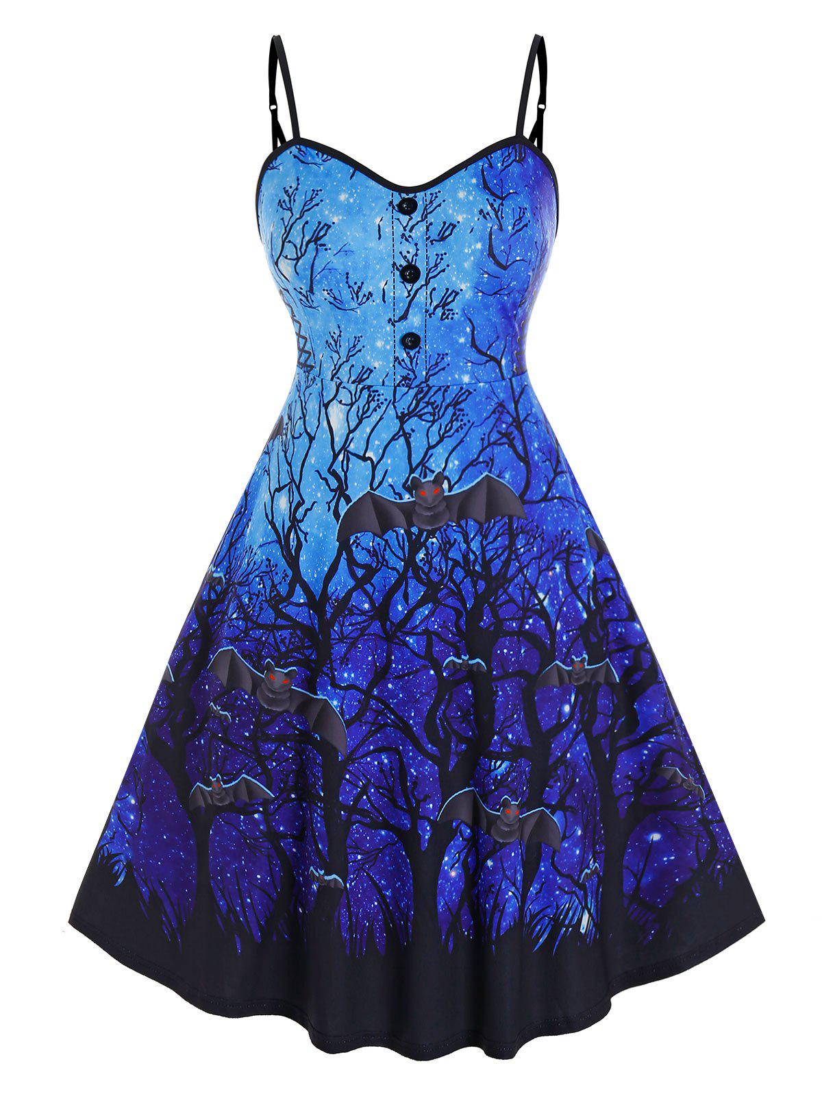 Plus Size Galaxy Branch Bat Print Backless Halloween Dress