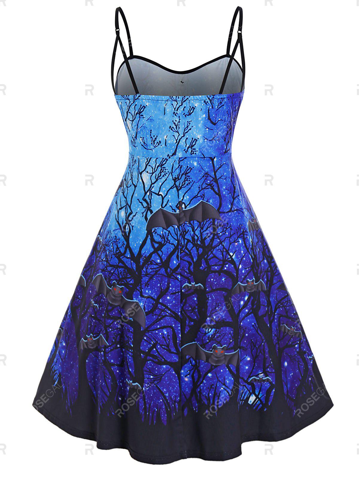 Plus Size Galaxy Branch Bat Print Backless Halloween Dress