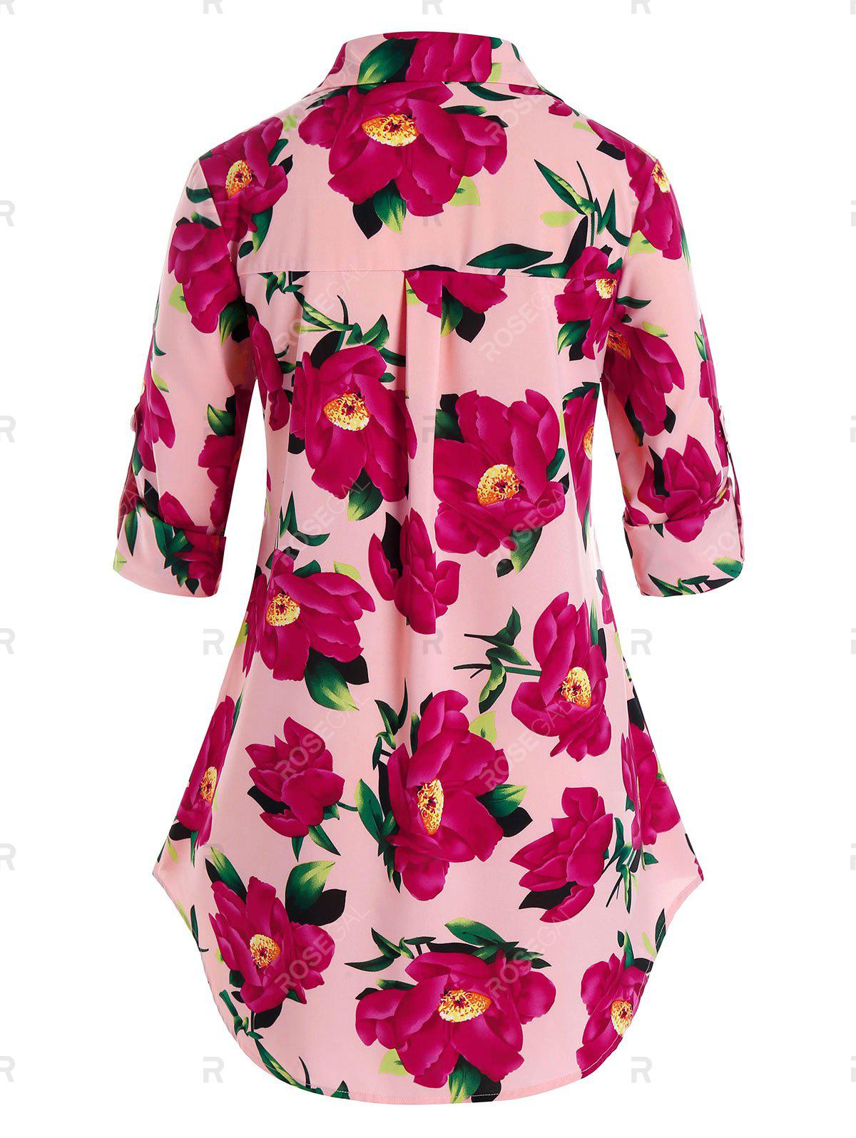 Plus Size Flower Roll Tab Sleeve Curved Hem Knotted Blouse