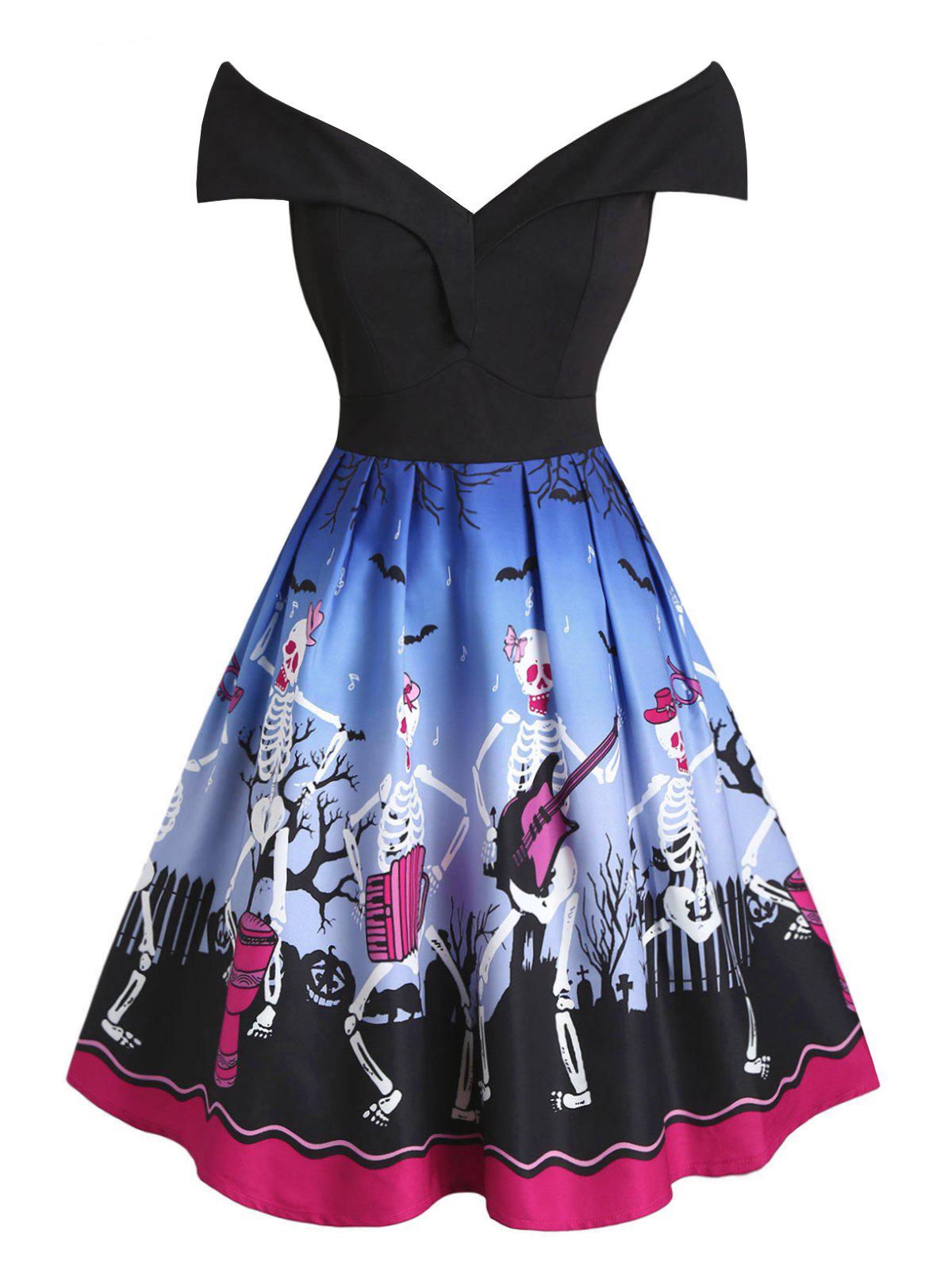 Plus Size Halloween Off The Shoulder Skeleton Print Dress