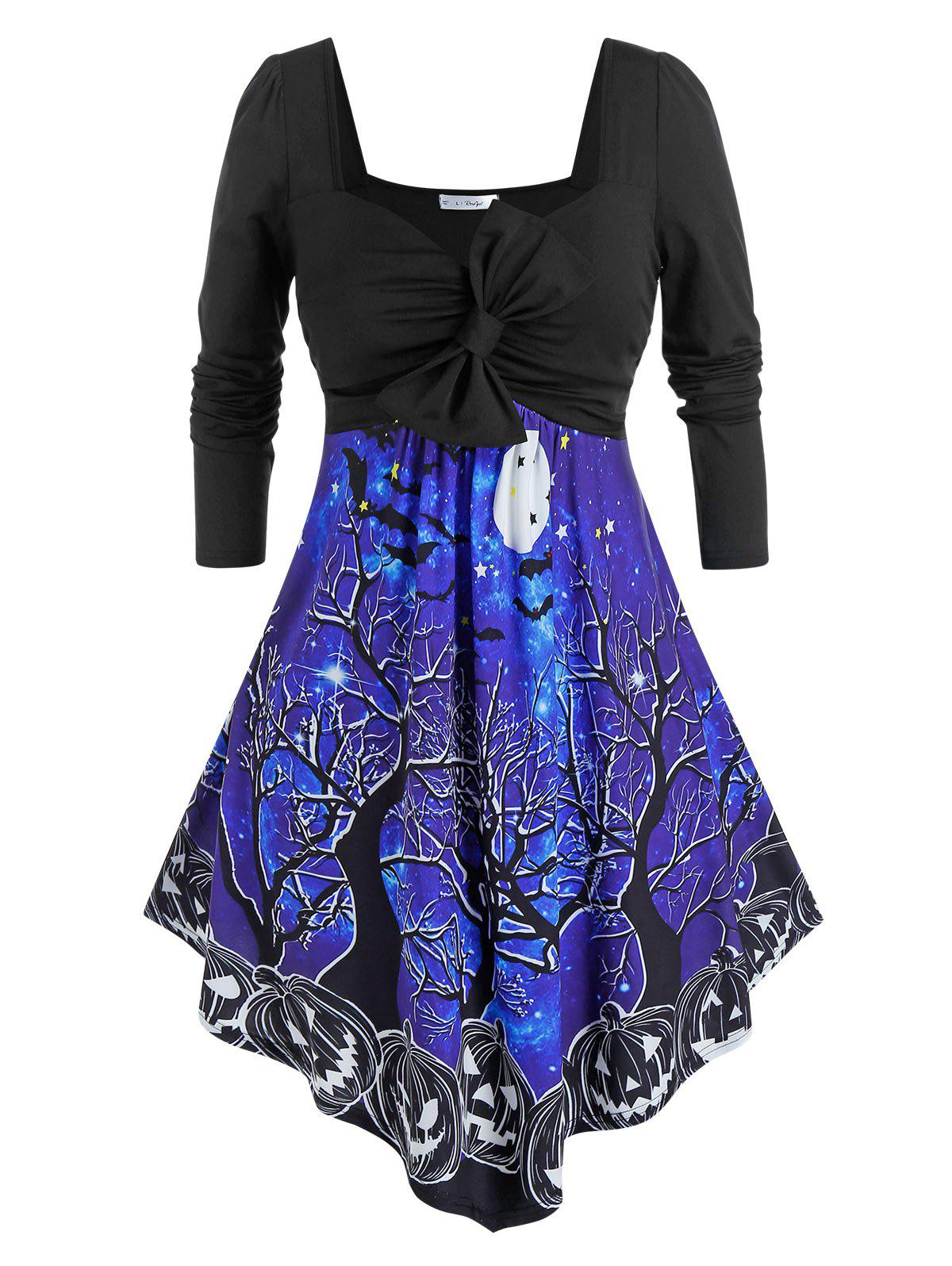 Plus Size Halloween Bowknot Pumpkin Branch Pattern Asymmetrical Dress