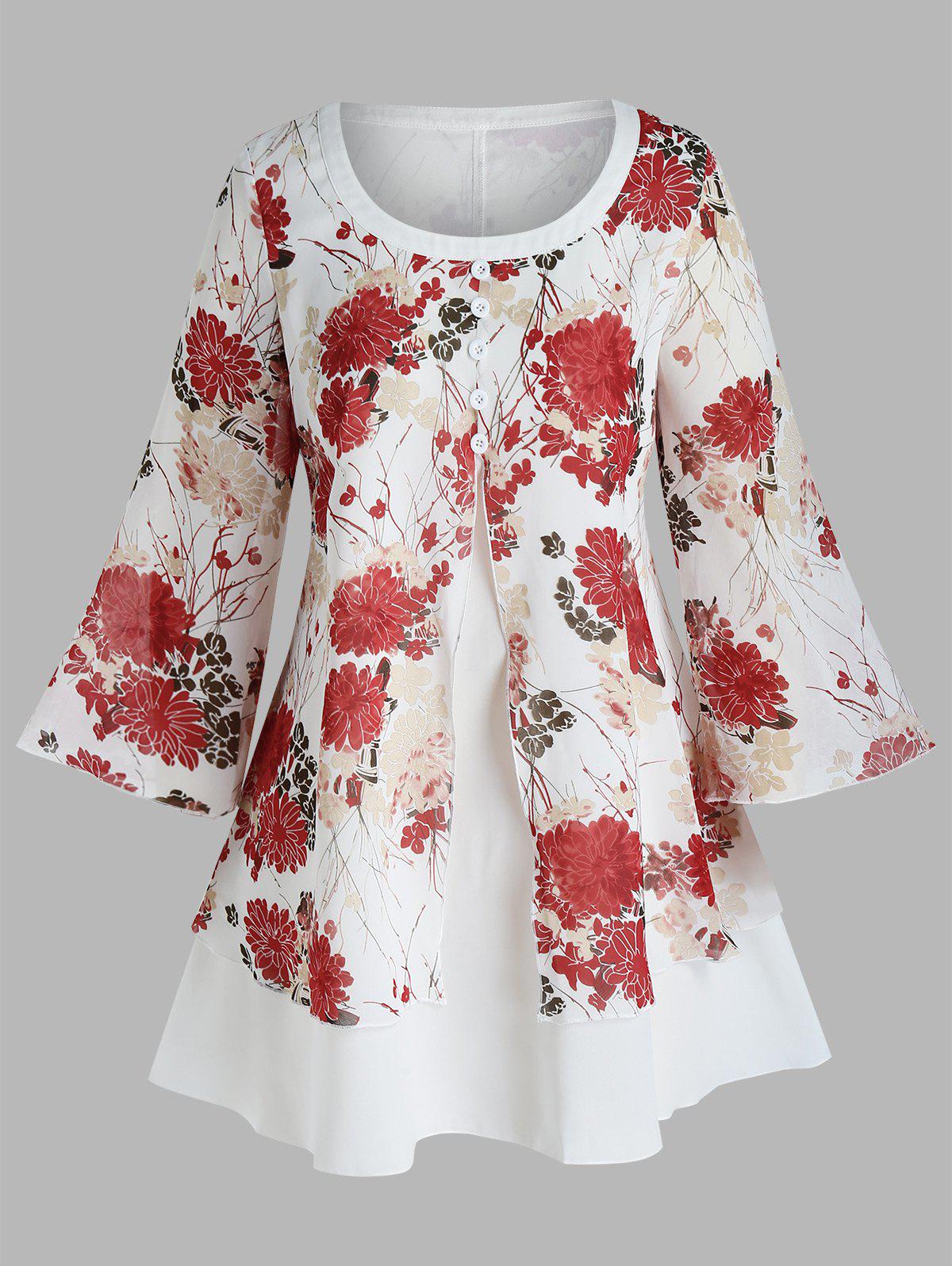 Plus Size Button Floral Pattern Split Blouse