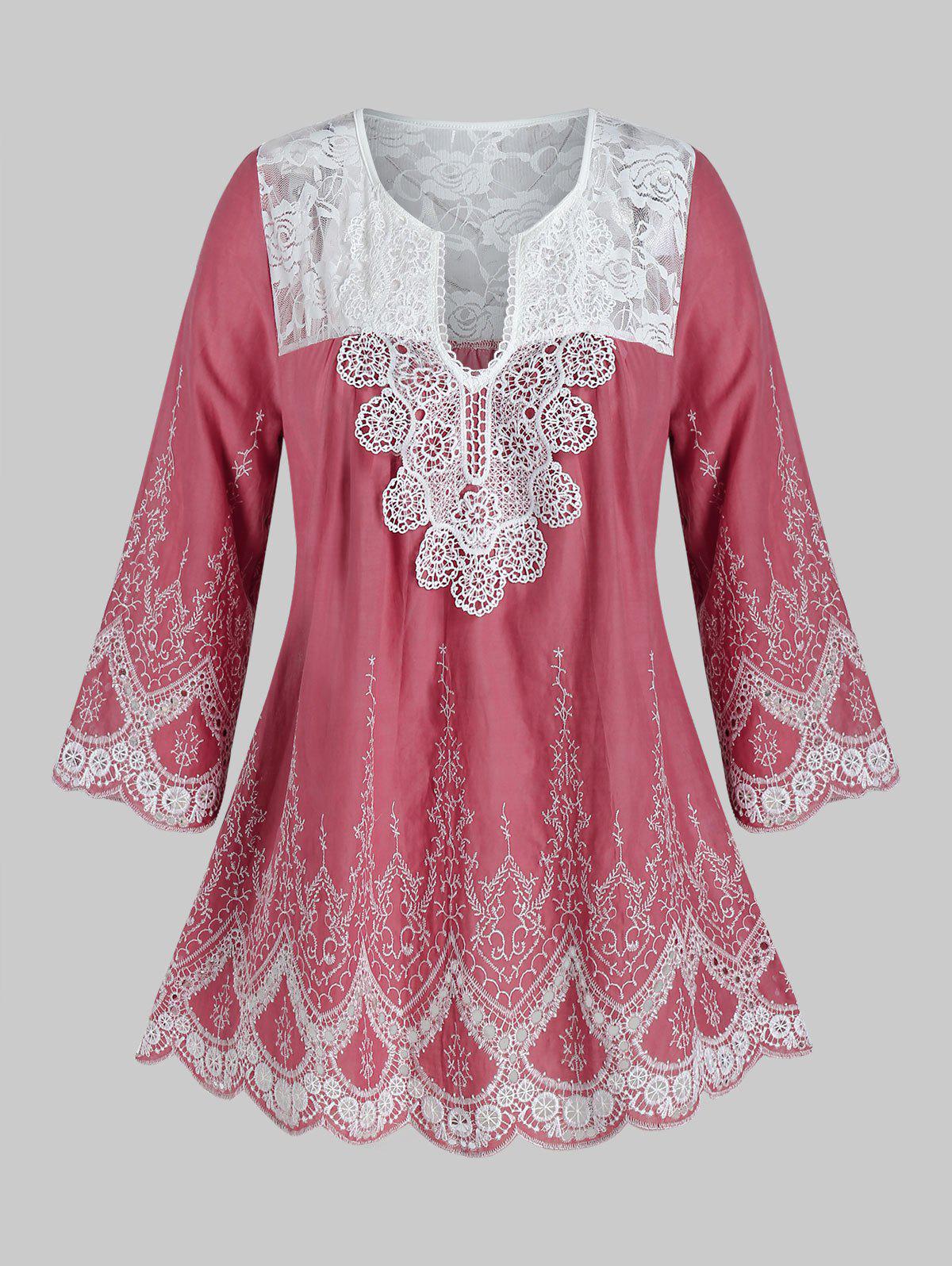 Plus Size Lace Yoke V Notch Embroidered Scalloped Blouse