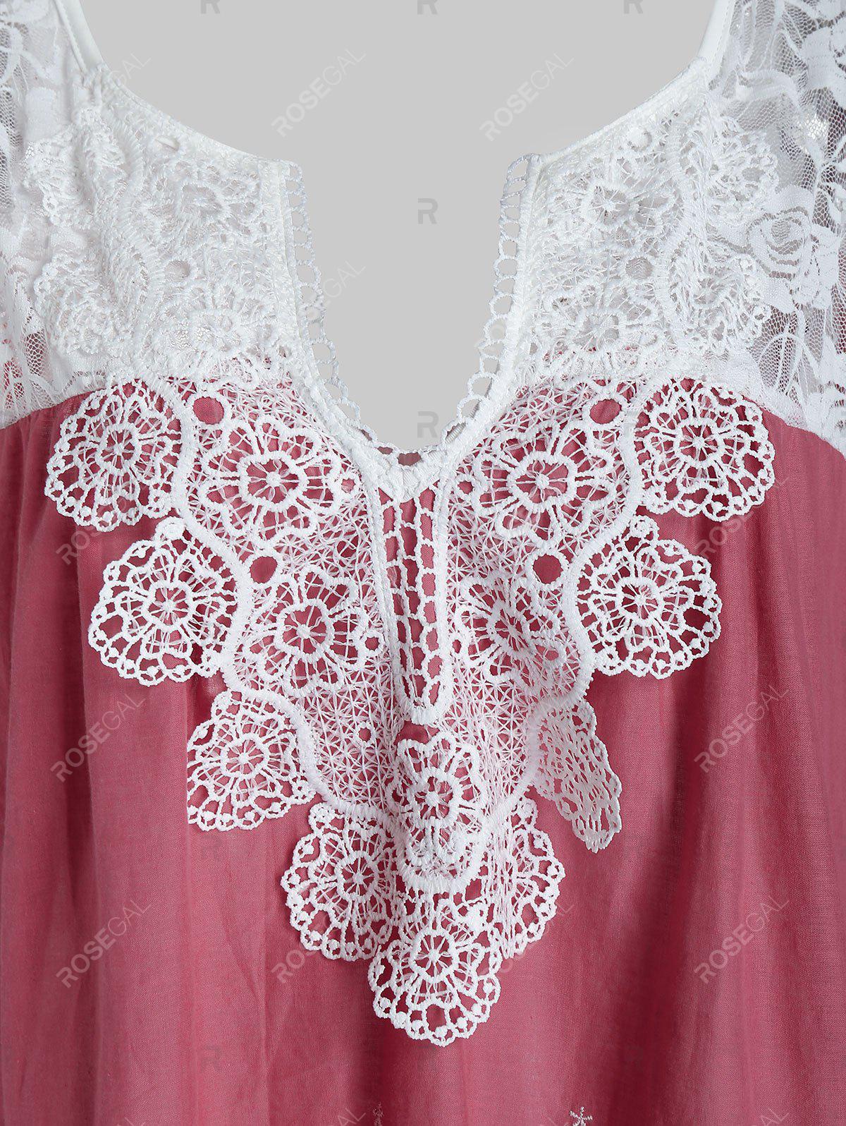 Plus Size Lace Yoke V Notch Embroidered Scalloped Blouse