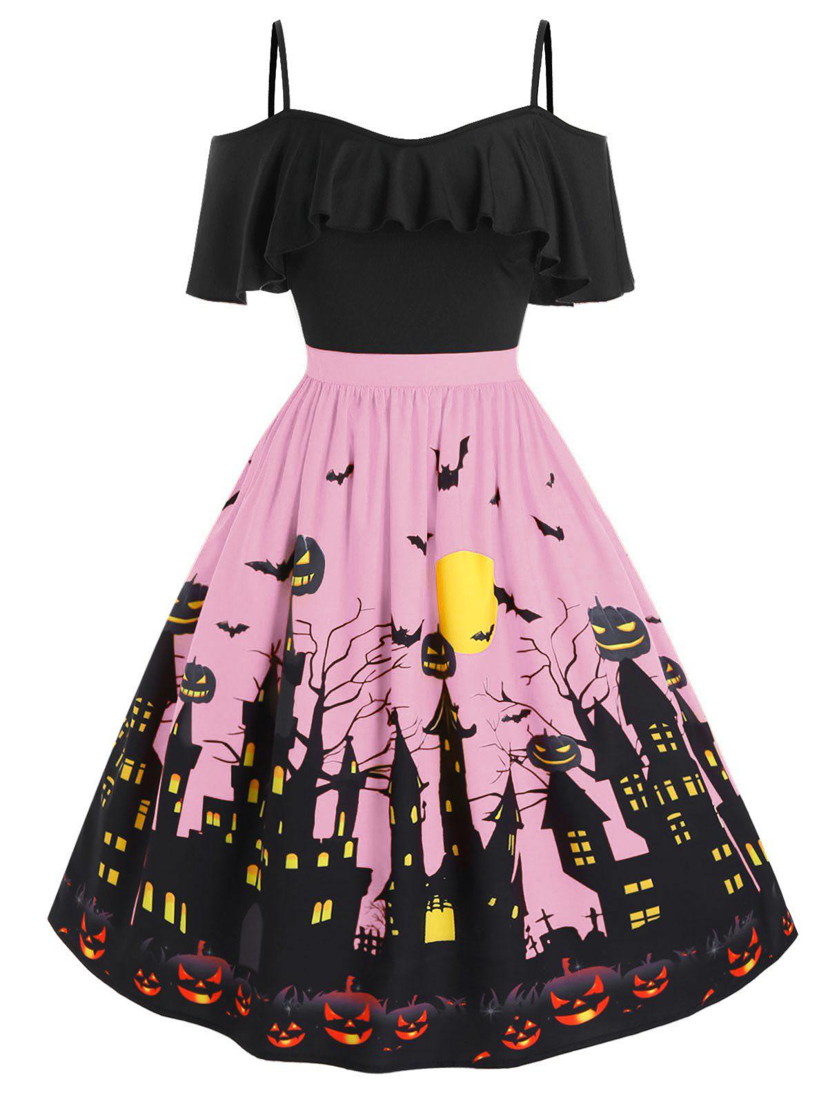 Plus Size Cold Shoulder Halloween Castle Pumpkin Flounce Dress