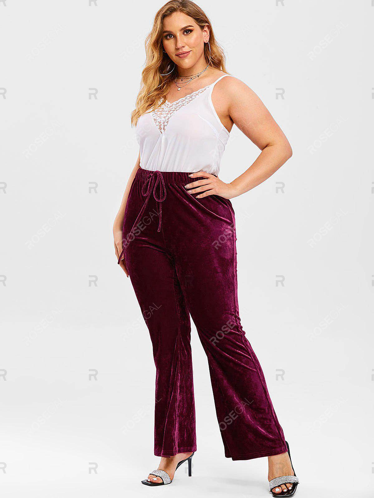 Plus Size Drawstring Crush Velvet Bootcut Pants