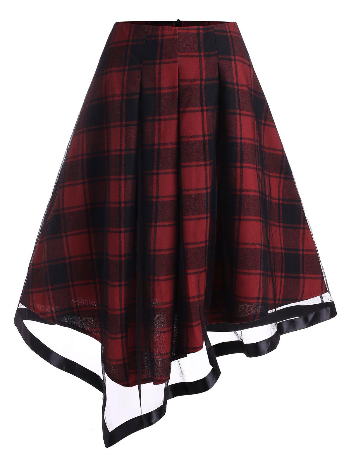 Plus Size Plaid Mesh Insert Asymmetric Skirt