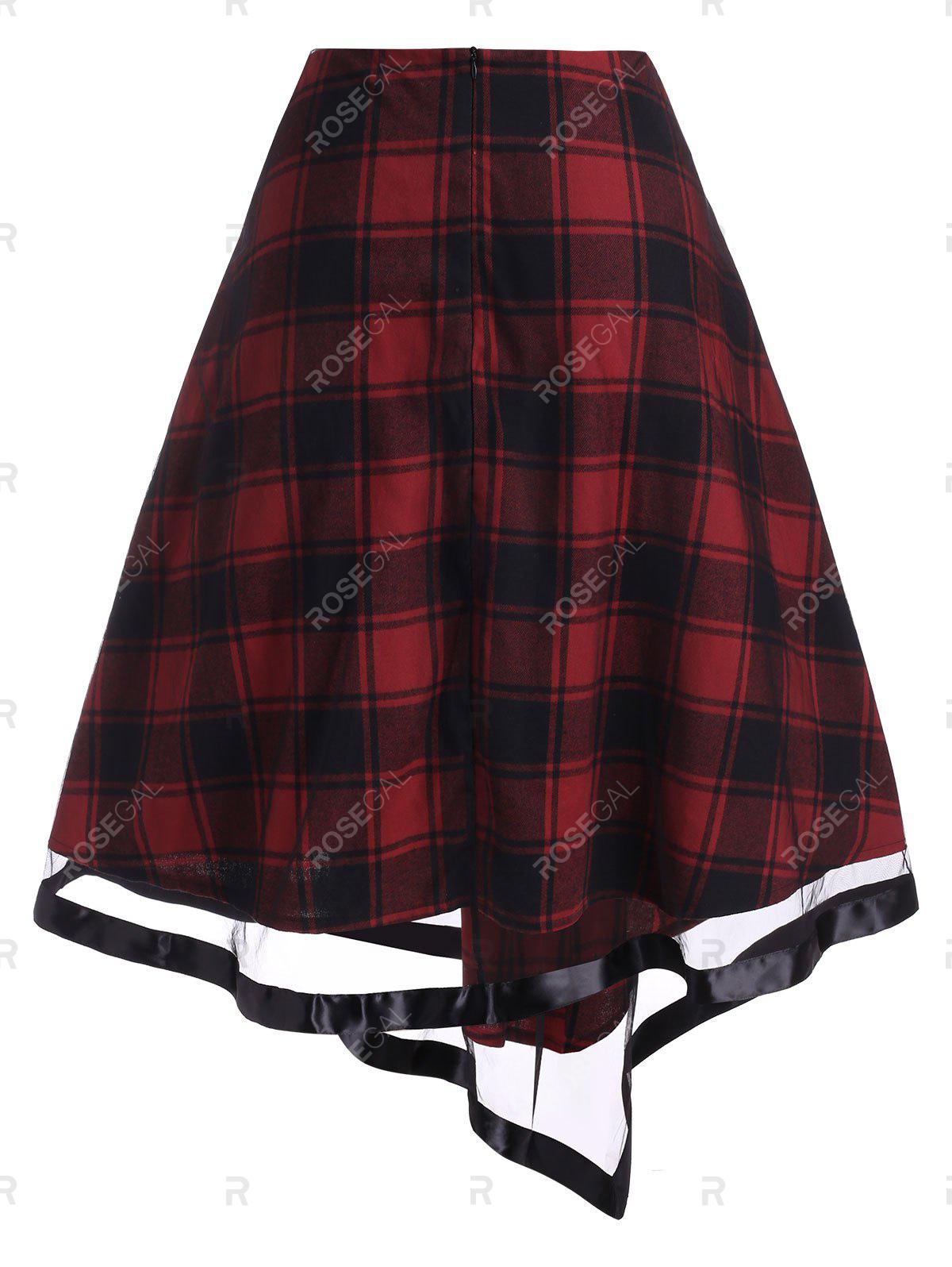 Plus Size Plaid Mesh Insert Asymmetric Skirt