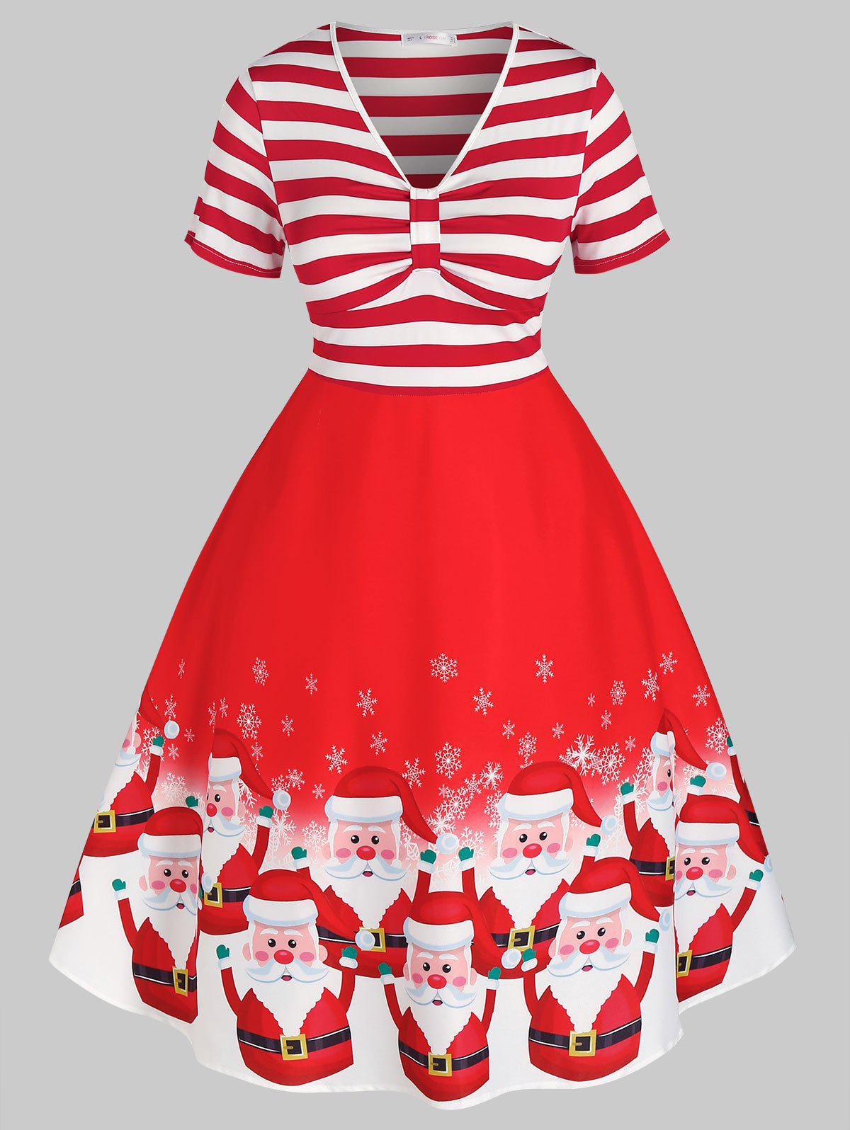 Plus Size Christmas Striped Santa Claus Snowflake Retro Dress