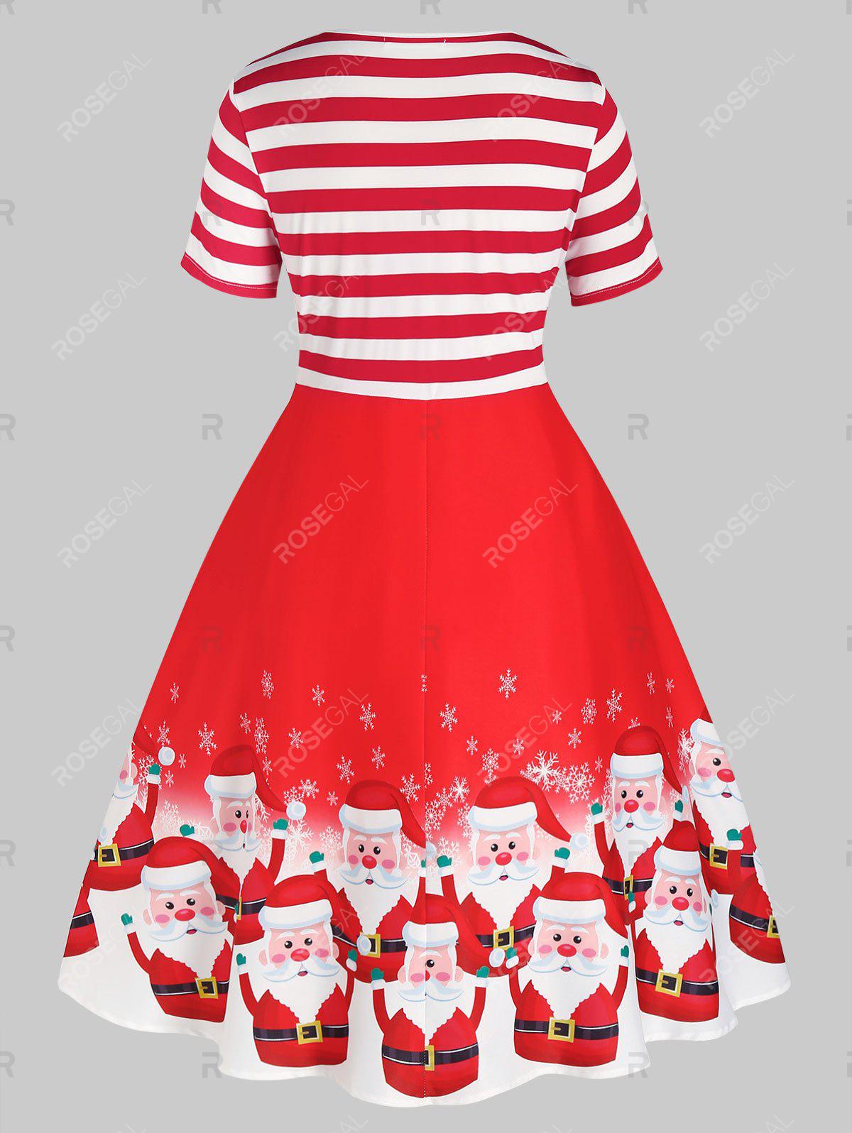 Plus Size Christmas Striped Santa Claus Snowflake Retro Dress