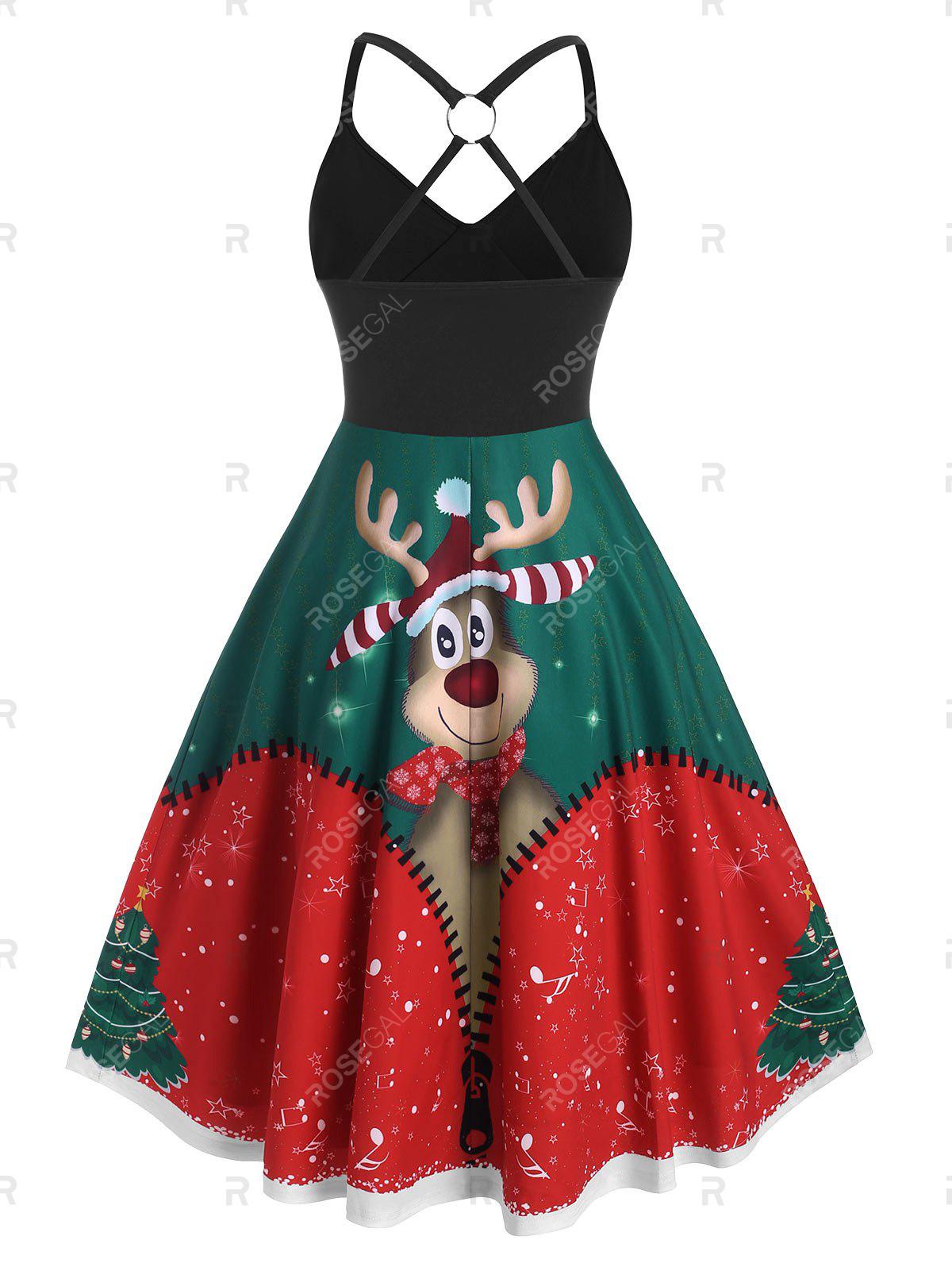 Plus Size Christmas O Ring Elk Print Dress