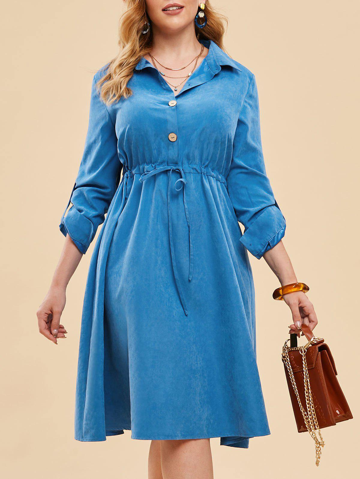 Plus Size Drawstring Half Button Roll Up Sleeve Midi Dress