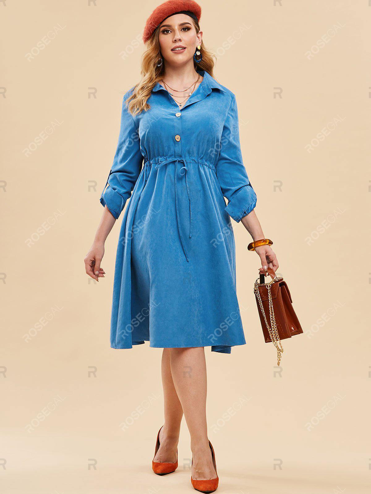 Plus Size Drawstring Half Button Roll Up Sleeve Midi Dress