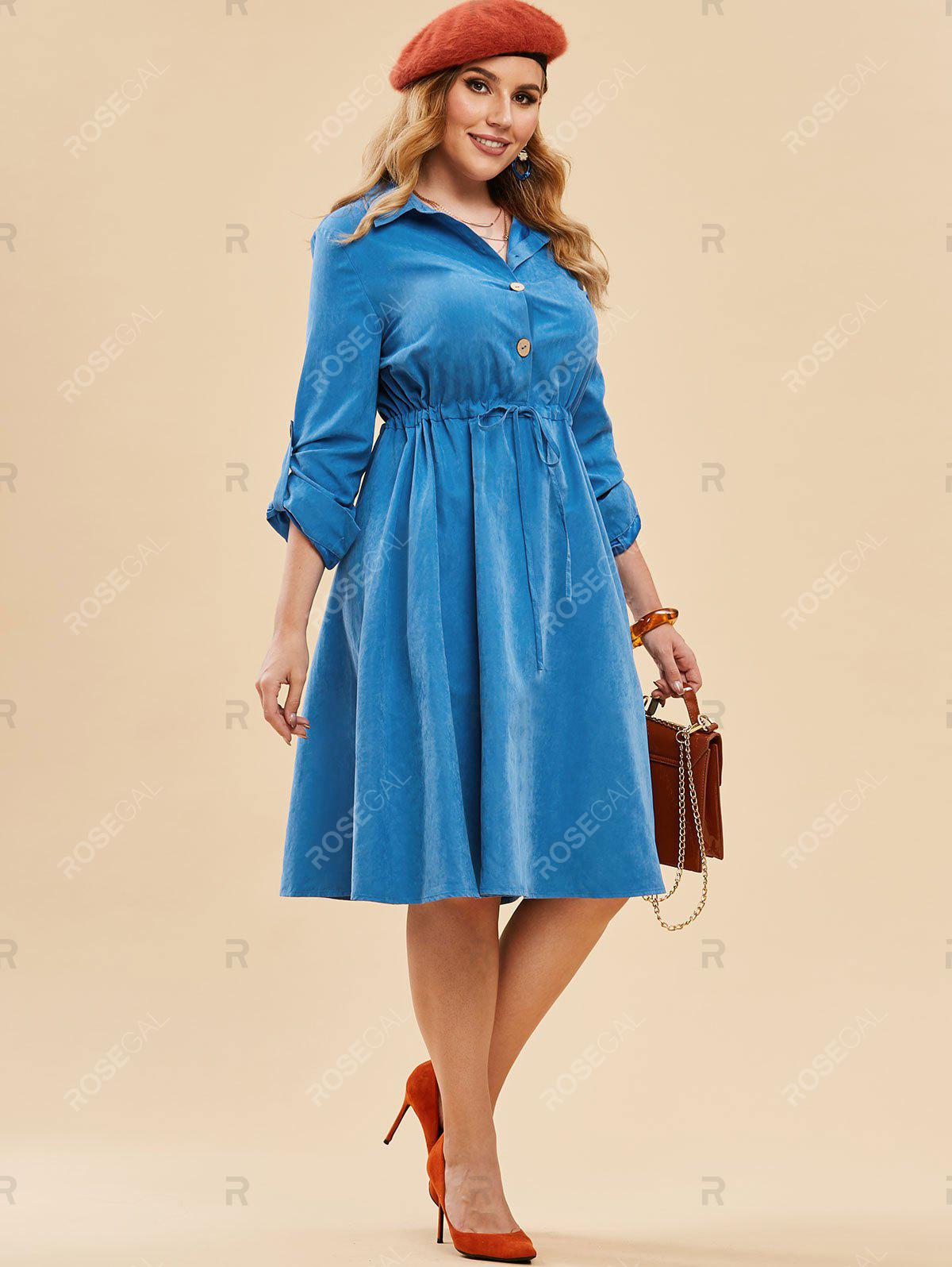 Plus Size Drawstring Half Button Roll Up Sleeve Midi Dress