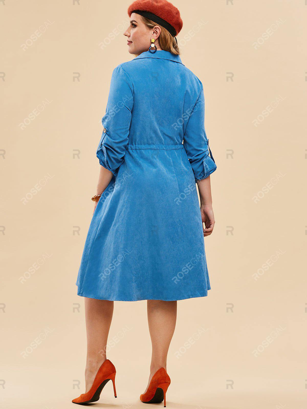 Plus Size Drawstring Half Button Roll Up Sleeve Midi Dress