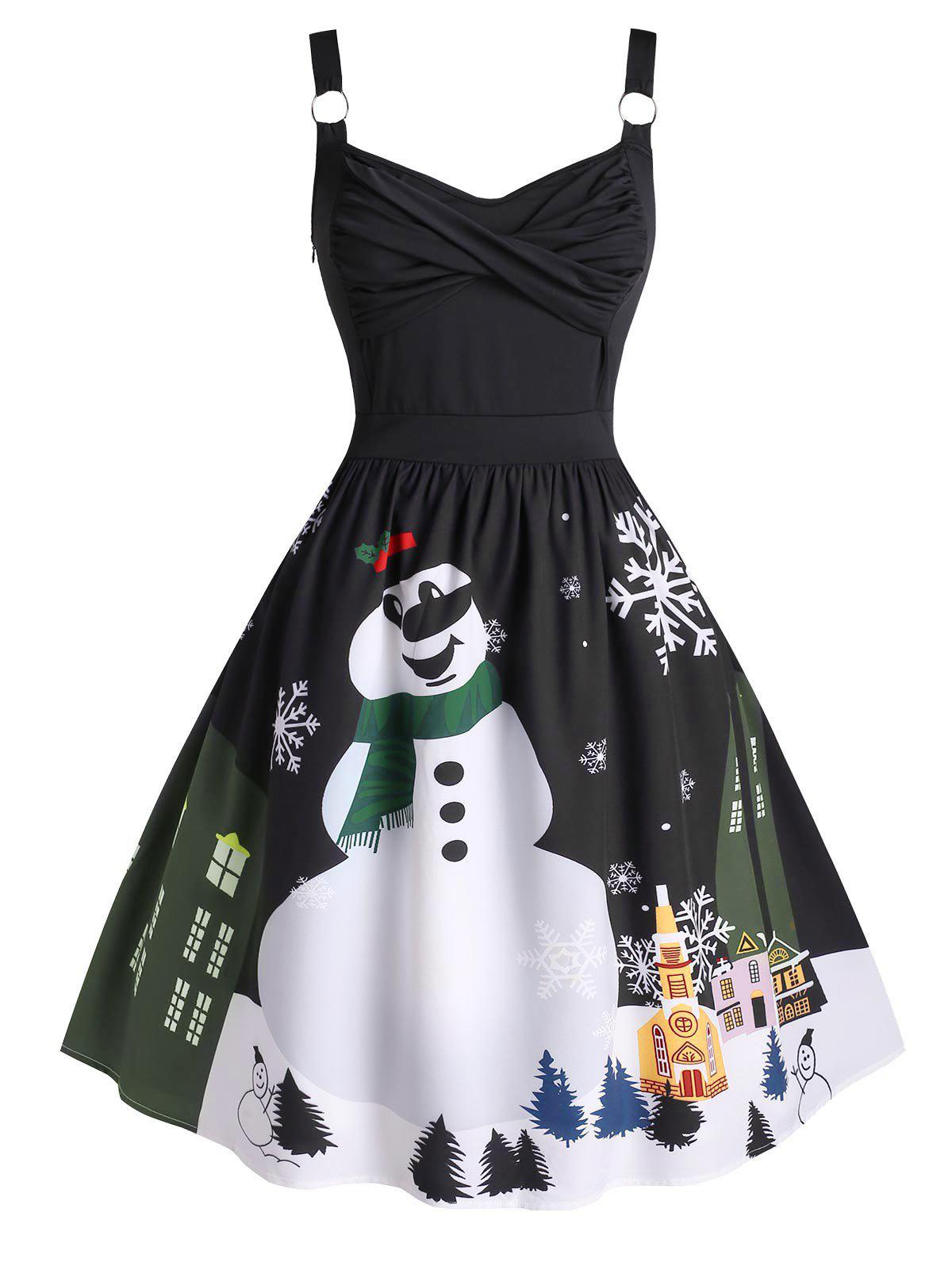 Plus Size Christmas Twisted Snowman Snowflake Ring Vintage Dress