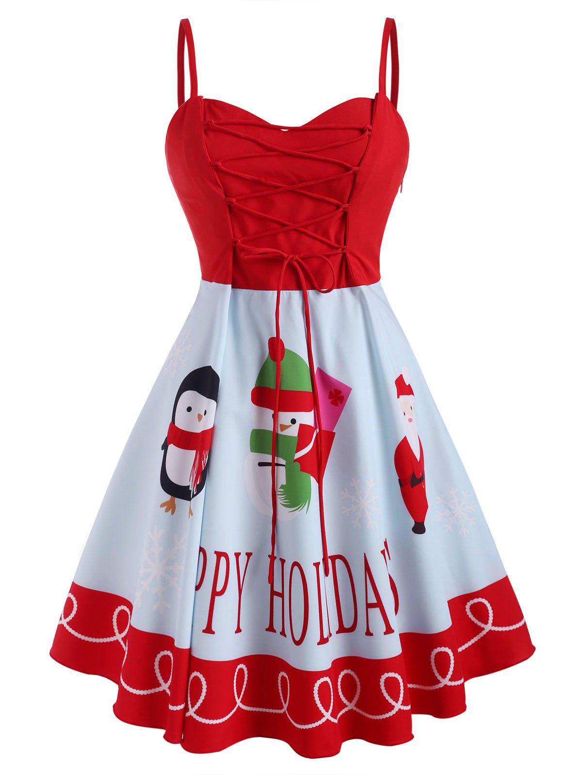 Christmas Snowman Santa Claus Lace Up Plus Size Cami Dress