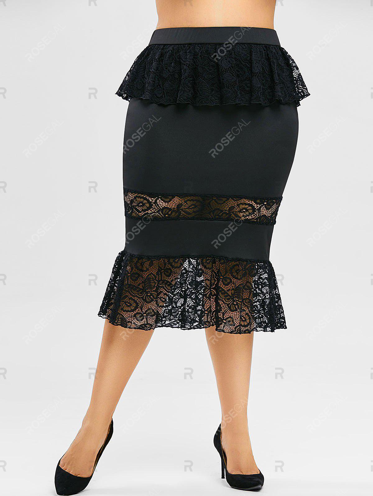 Plus Size Lace Insert Ruffle Midi Fishtail Skirt