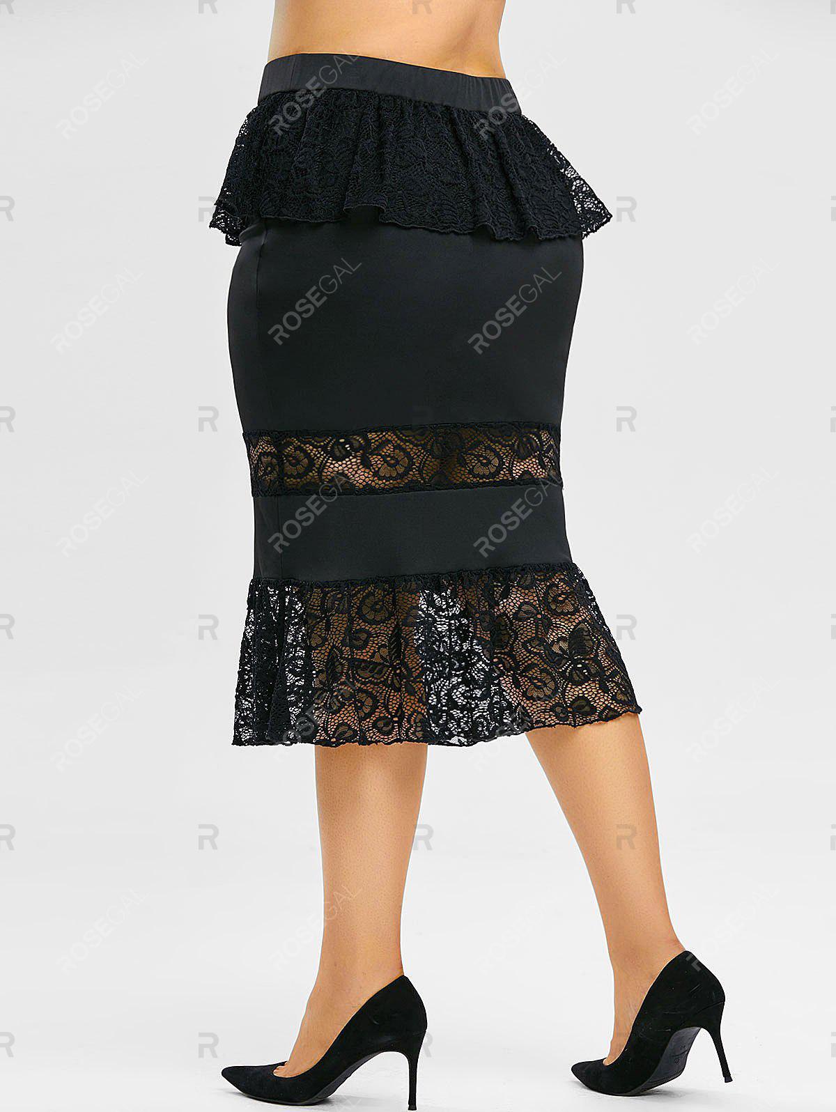 Plus Size Lace Insert Ruffle Midi Fishtail Skirt