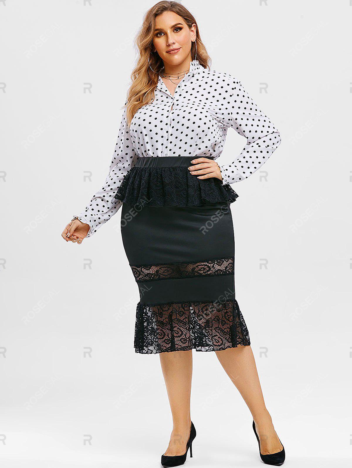 Plus Size Lace Insert Ruffle Midi Fishtail Skirt