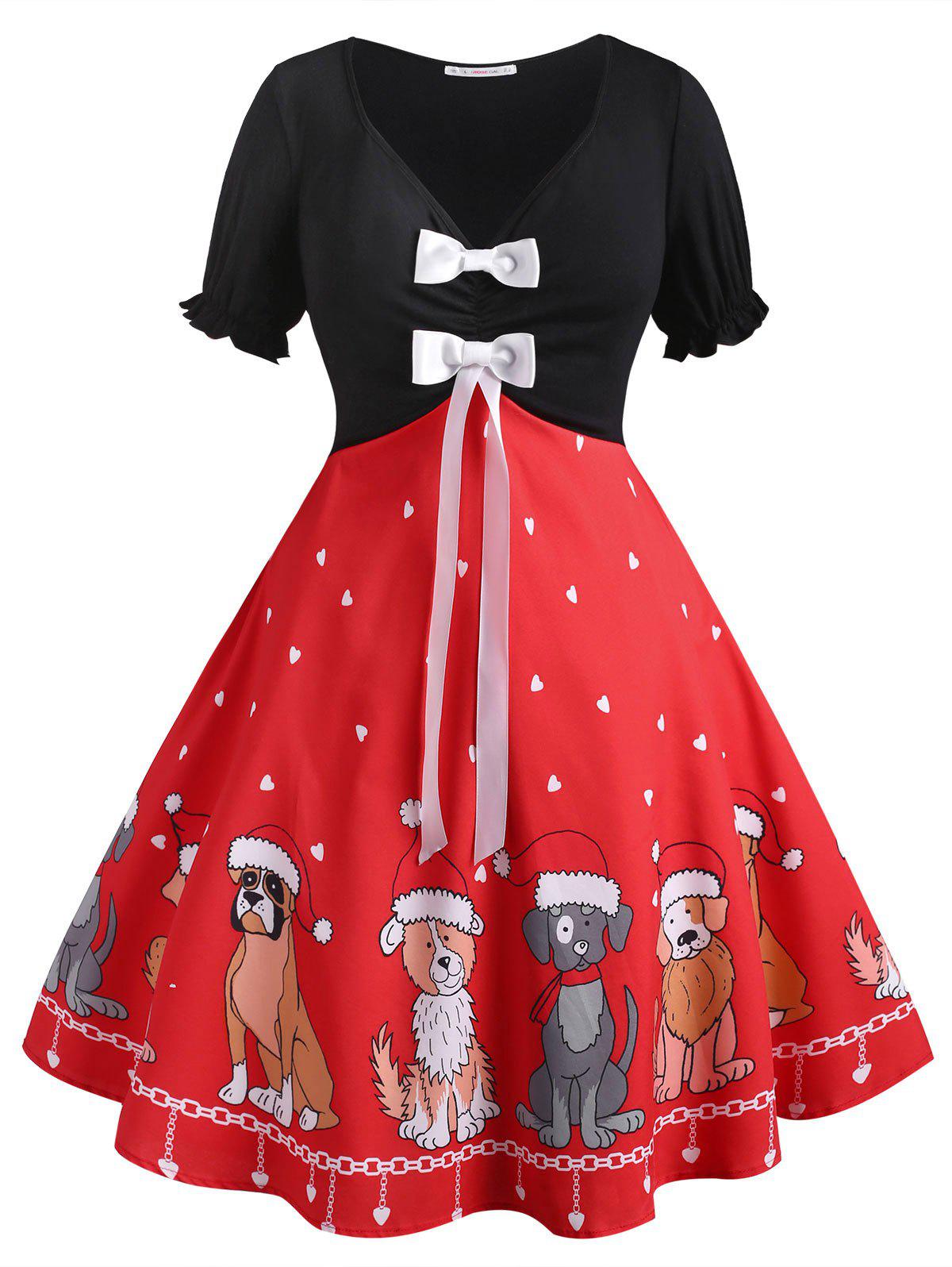 Bowknot Christmas Puppy Dog Heart Plus Size 50s Dress