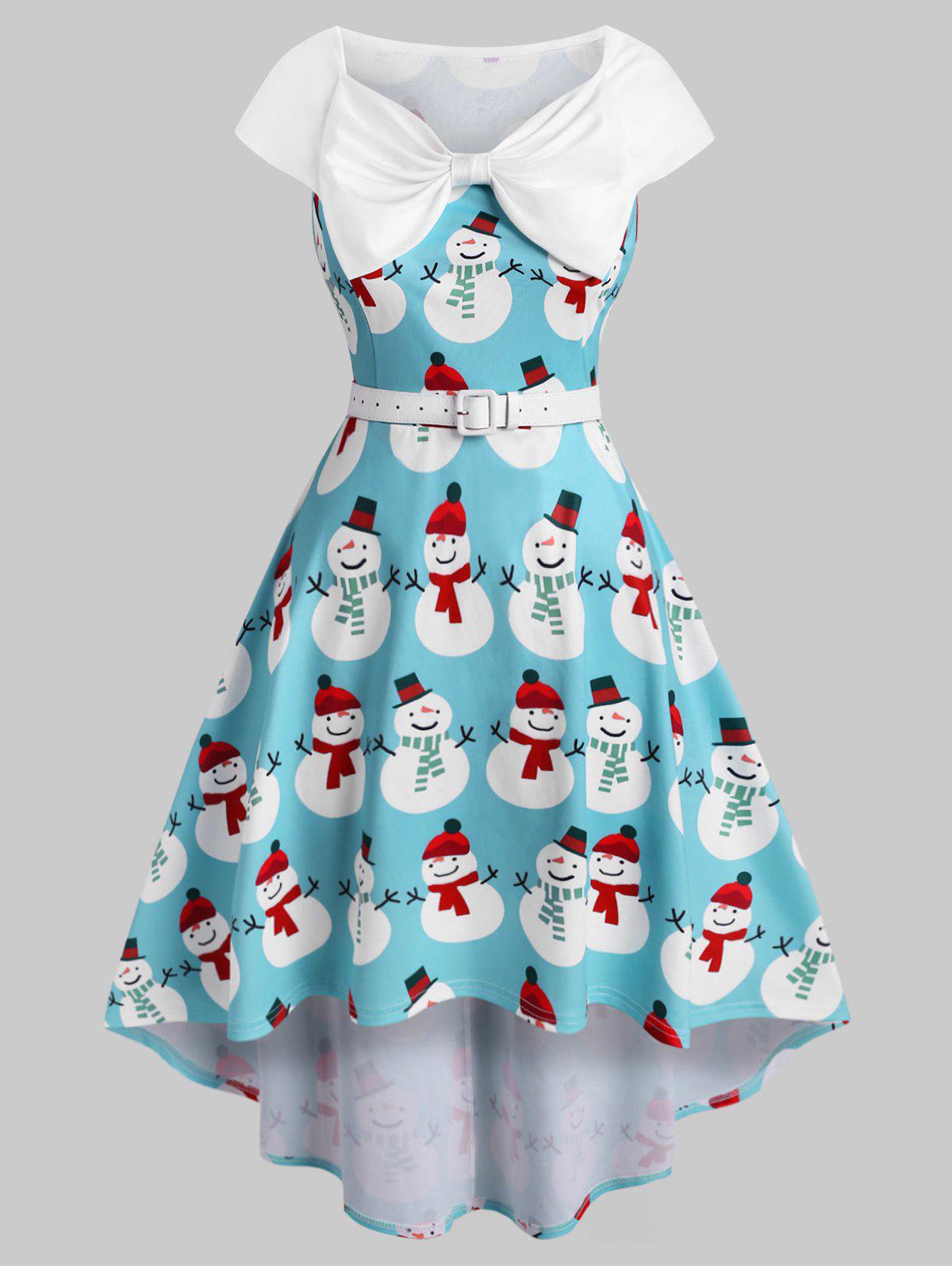 Plus Size Christmas Bowknot Snowman Print Dress