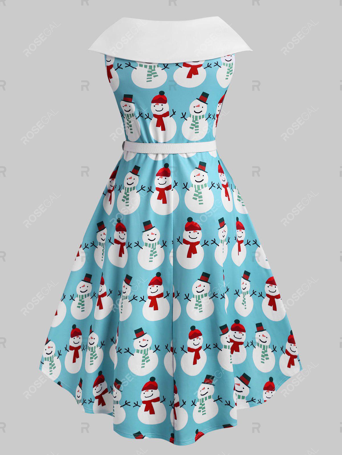 Plus Size Christmas Bowknot Snowman Print Dress