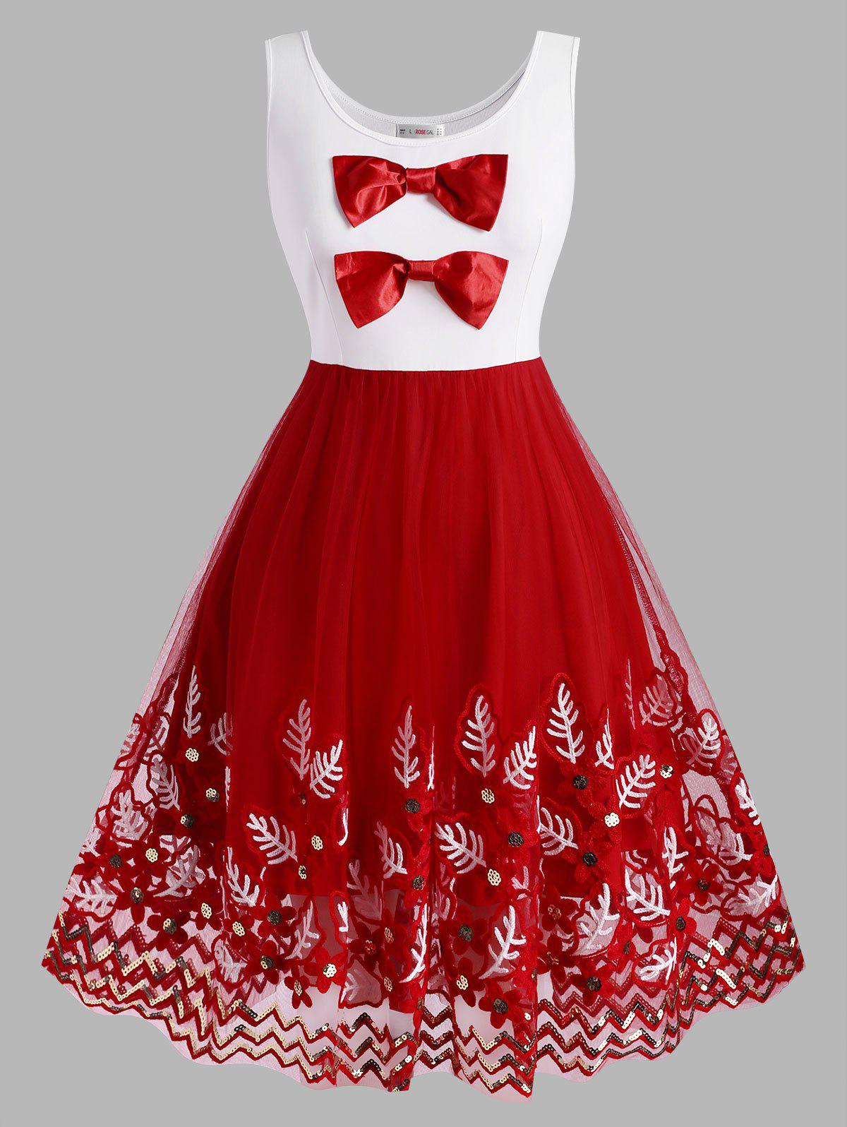 Christmas Bowknot Plant Embroidered Sequins Plus Size Dress