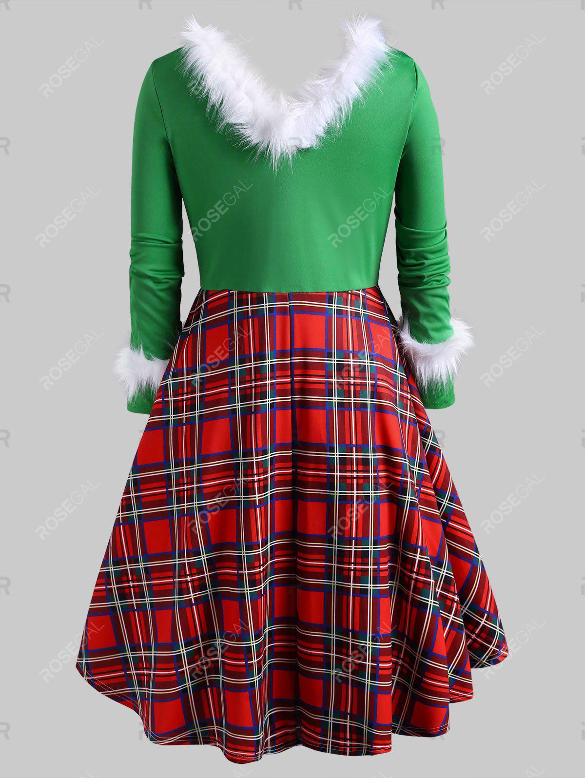 Christmas Faux Feather Plaid Lace Up Plus Size Dress