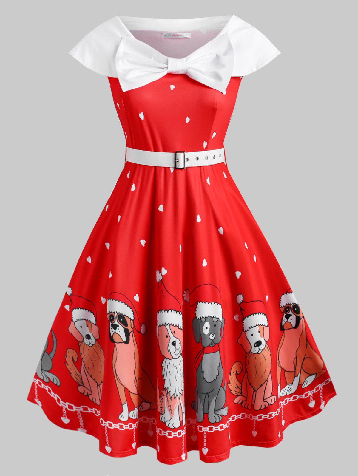 Belted Bowknot Puppy Dog Heart Christmas Plus Size Dress