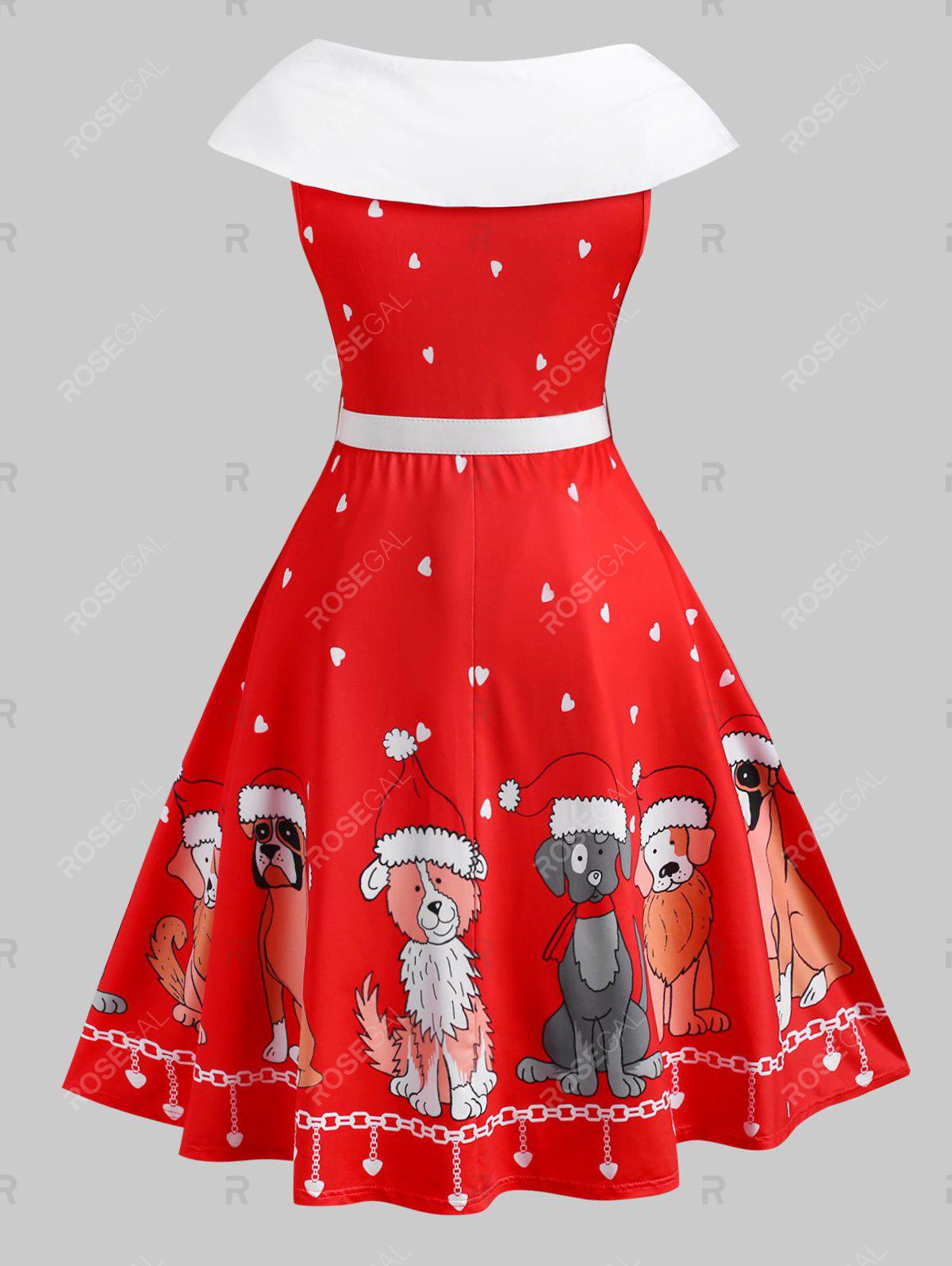 Belted Bowknot Puppy Dog Heart Christmas Plus Size Dress