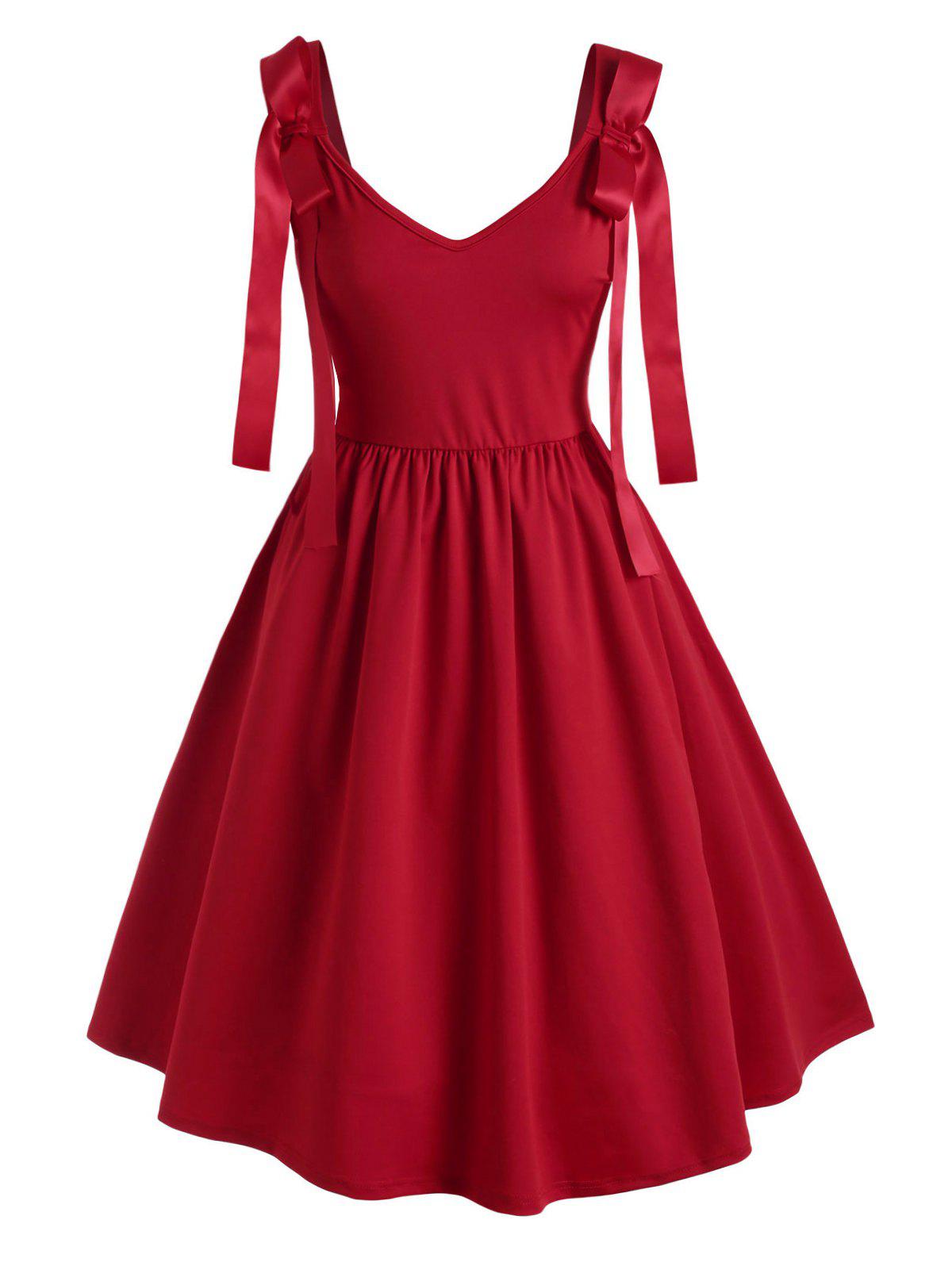 Solid V Neck Bowknot Plus Size Vintage 50s Dress