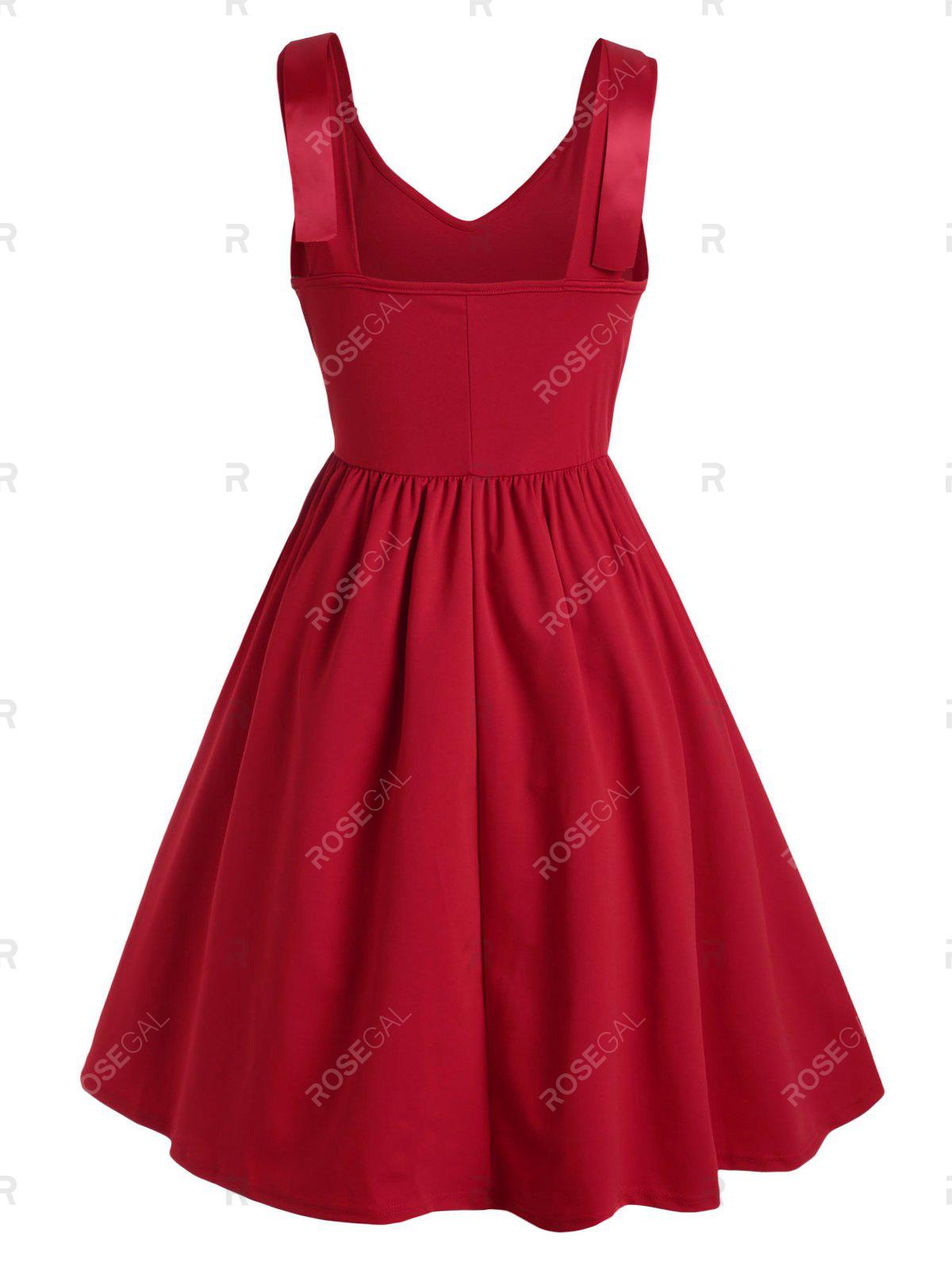 Solid V Neck Bowknot Plus Size Vintage 50s Dress