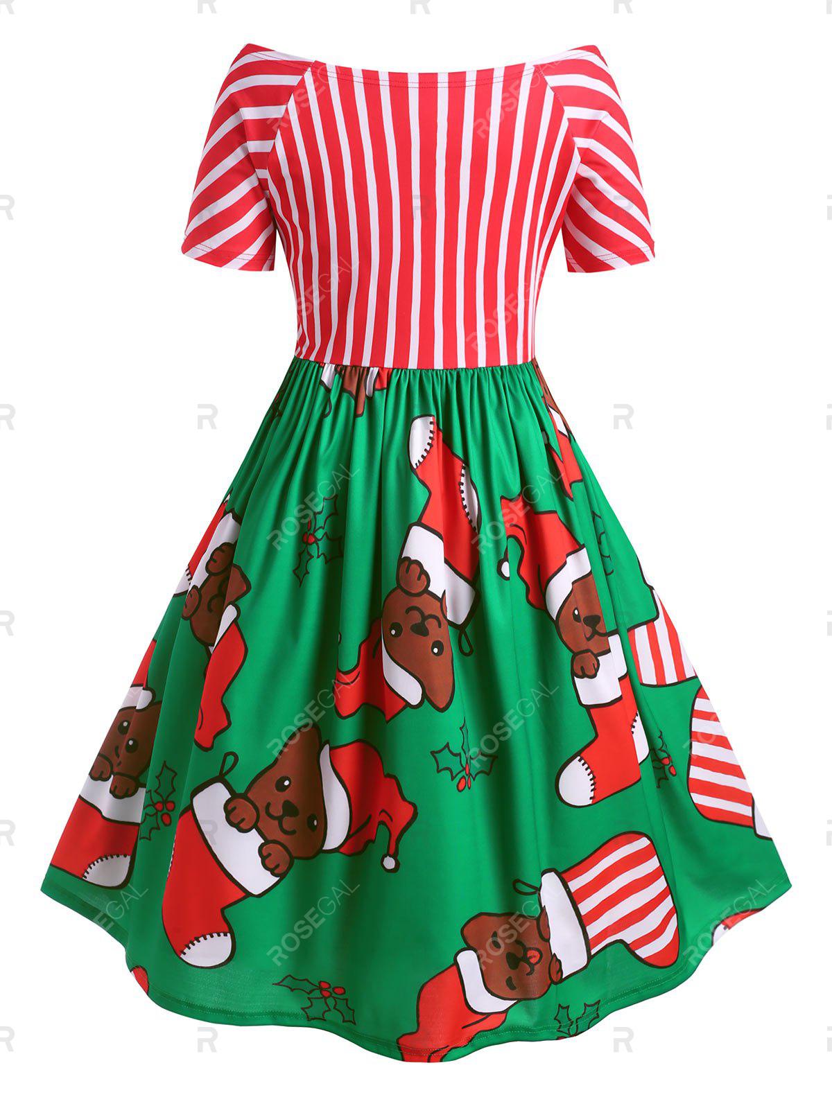 Plus Size Bowknot Off The Shoulder Christmas Print Dress